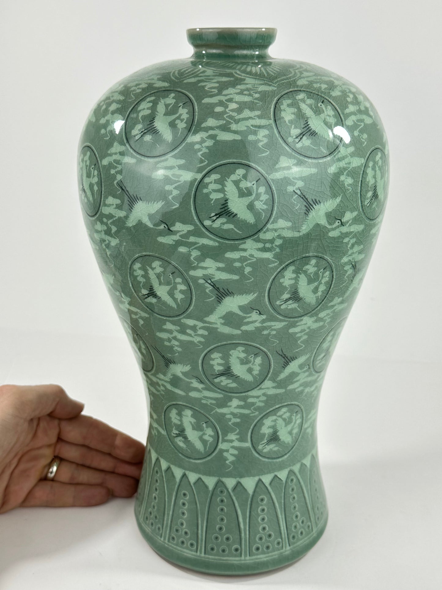 Vintage Japanese Celadon Crane Motif Vase 13"H Late 20th
