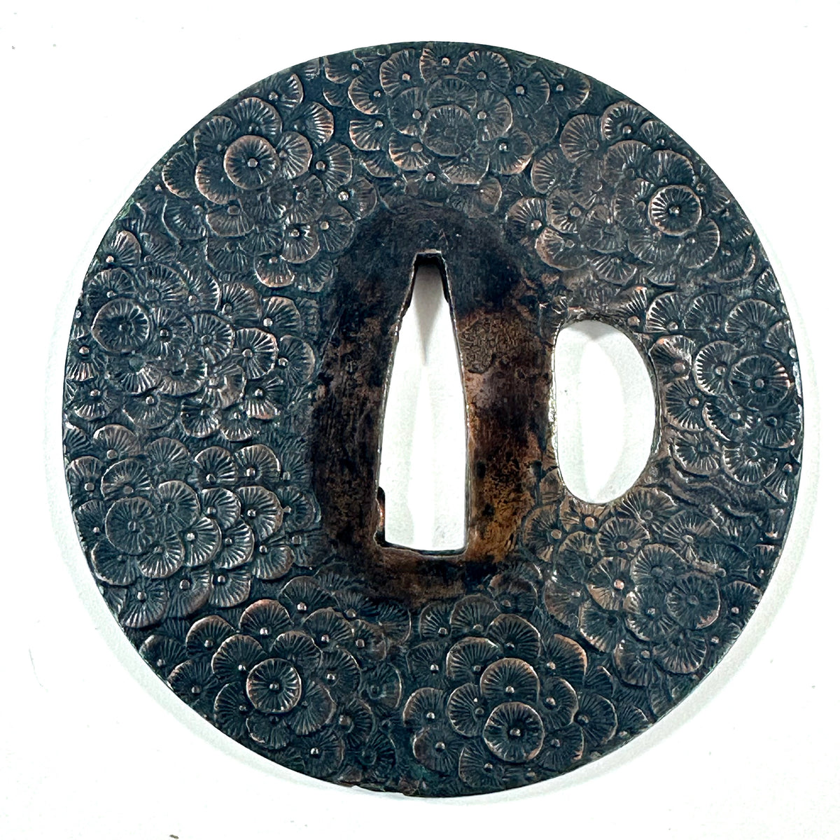 Antique Japanese Copper Tsuba Kiku Hanazume Chrysanthemum Edo Kiri Box 3"dia