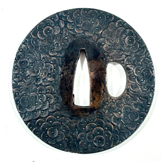 Antique Japanese Copper Tsuba Kiku Hanazume Chrysanthemum Edo Kiri Box 2.6"dia