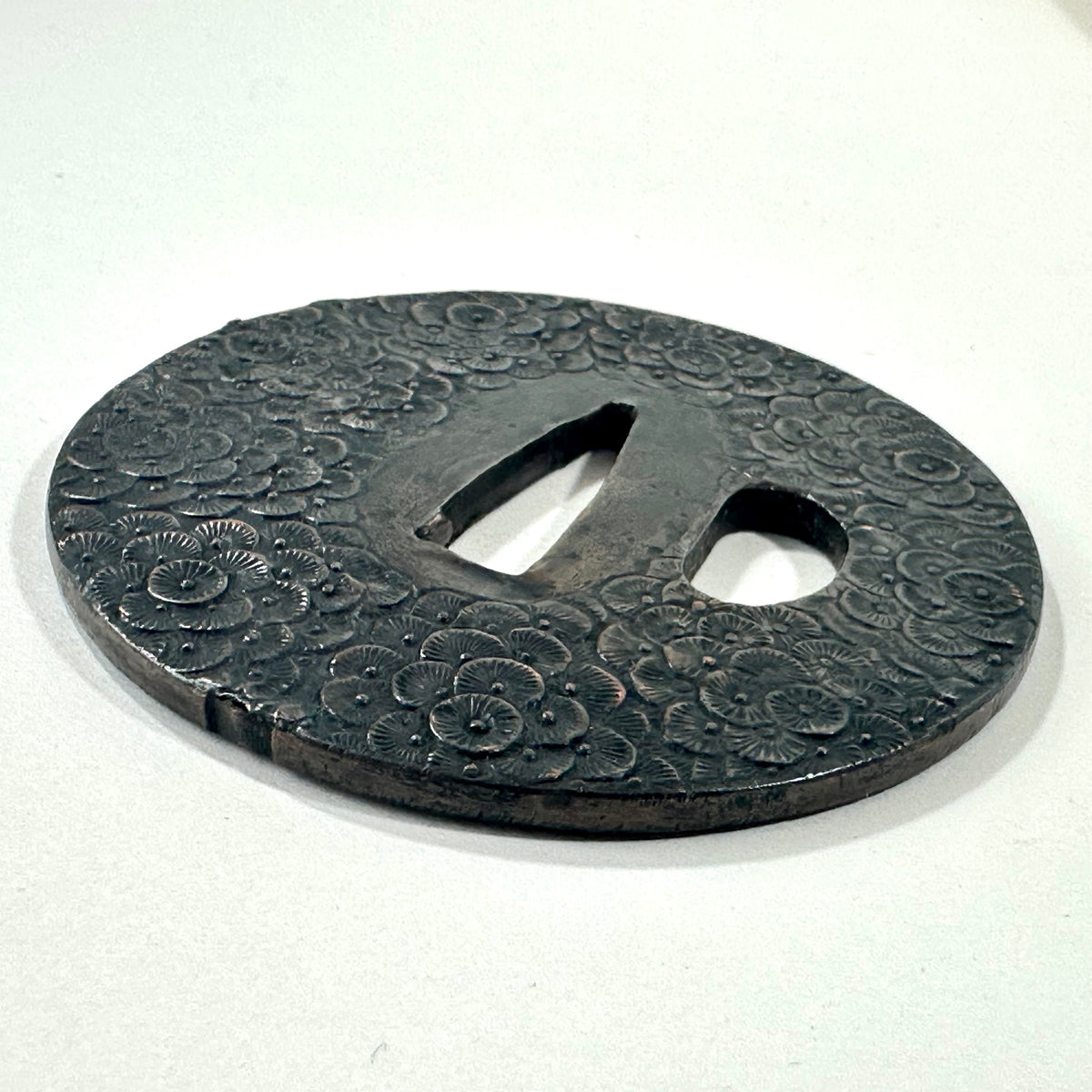 Antique Japanese Copper Tsuba Kiku Hanazume Chrysanthemum Edo Kiri Box 3"dia