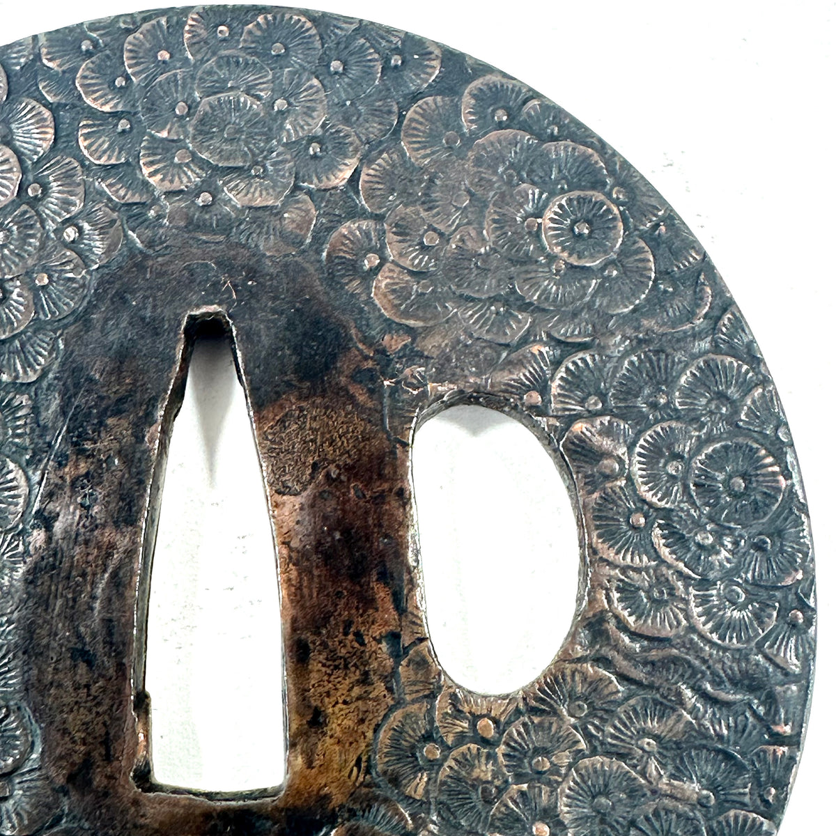 Antique Japanese Copper Tsuba Kiku Hanazume Chrysanthemum Edo Kiri Box 3"dia