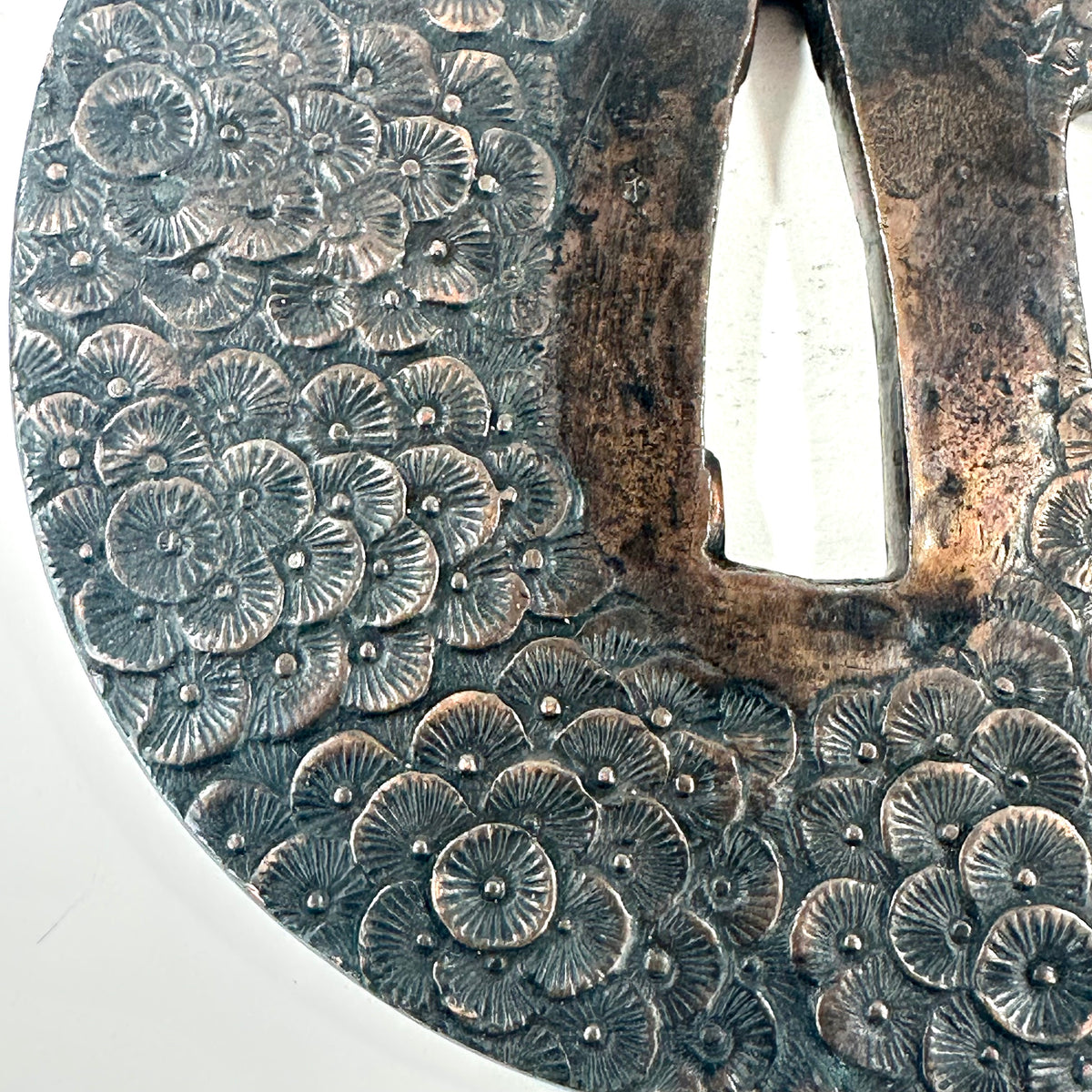 Antique Japanese Copper Tsuba Kiku Hanazume Chrysanthemum Edo Kiri Box 3"dia