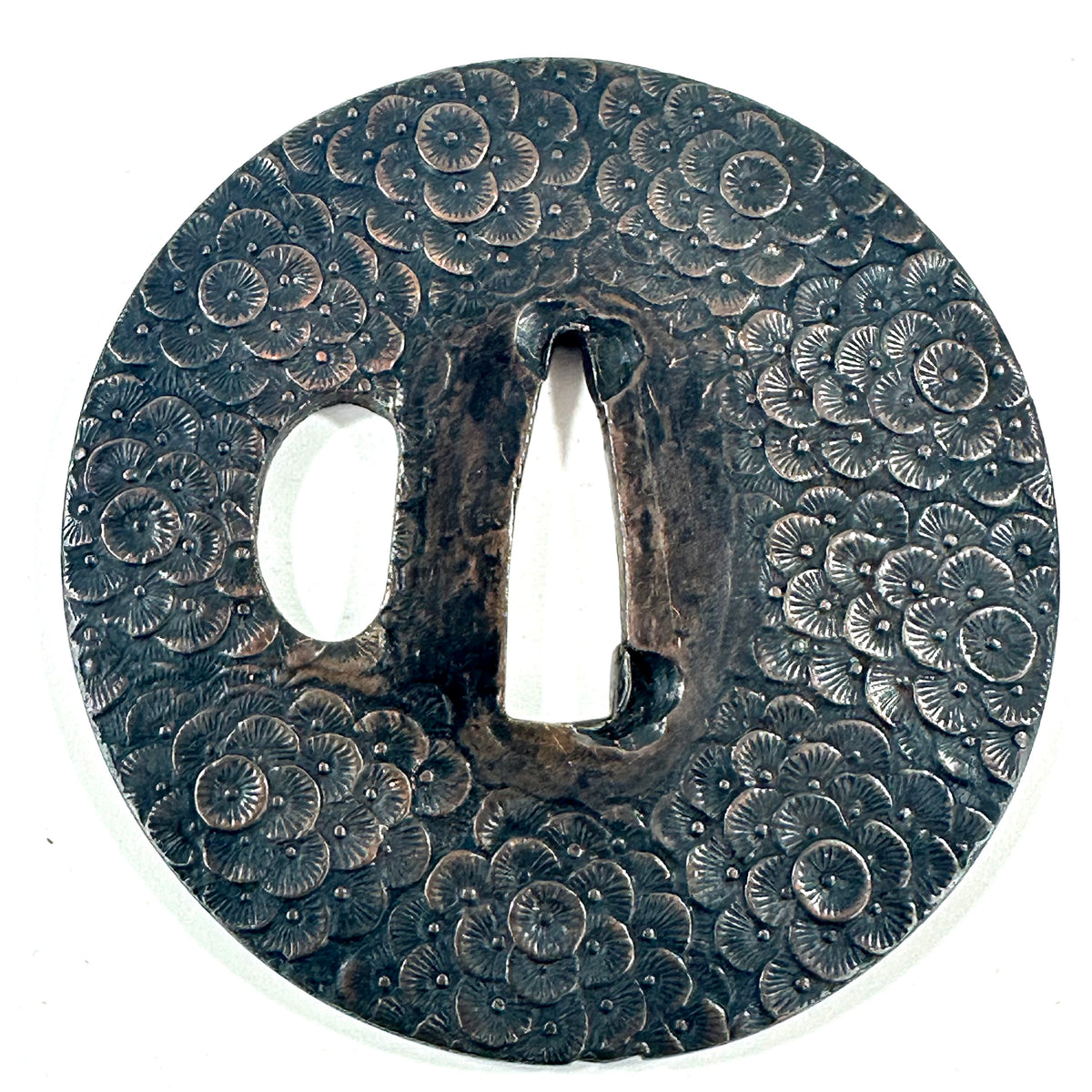 Antique Japanese Copper Tsuba Kiku Hanazume Chrysanthemum Edo Kiri Box 3"dia