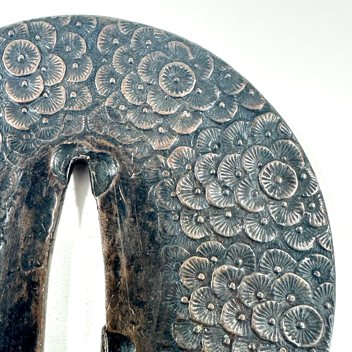 Antique Japanese Copper Tsuba Kiku Hanazume Chrysanthemum Edo Kiri Box 3"dia