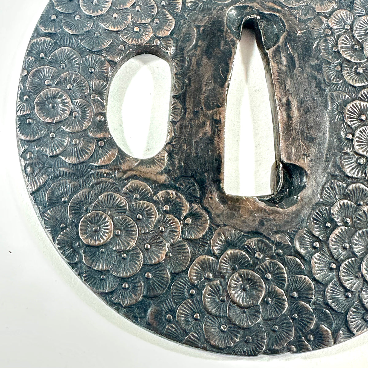 Antique Japanese Copper Tsuba Kiku Hanazume Chrysanthemum Edo Kiri Box 3"dia
