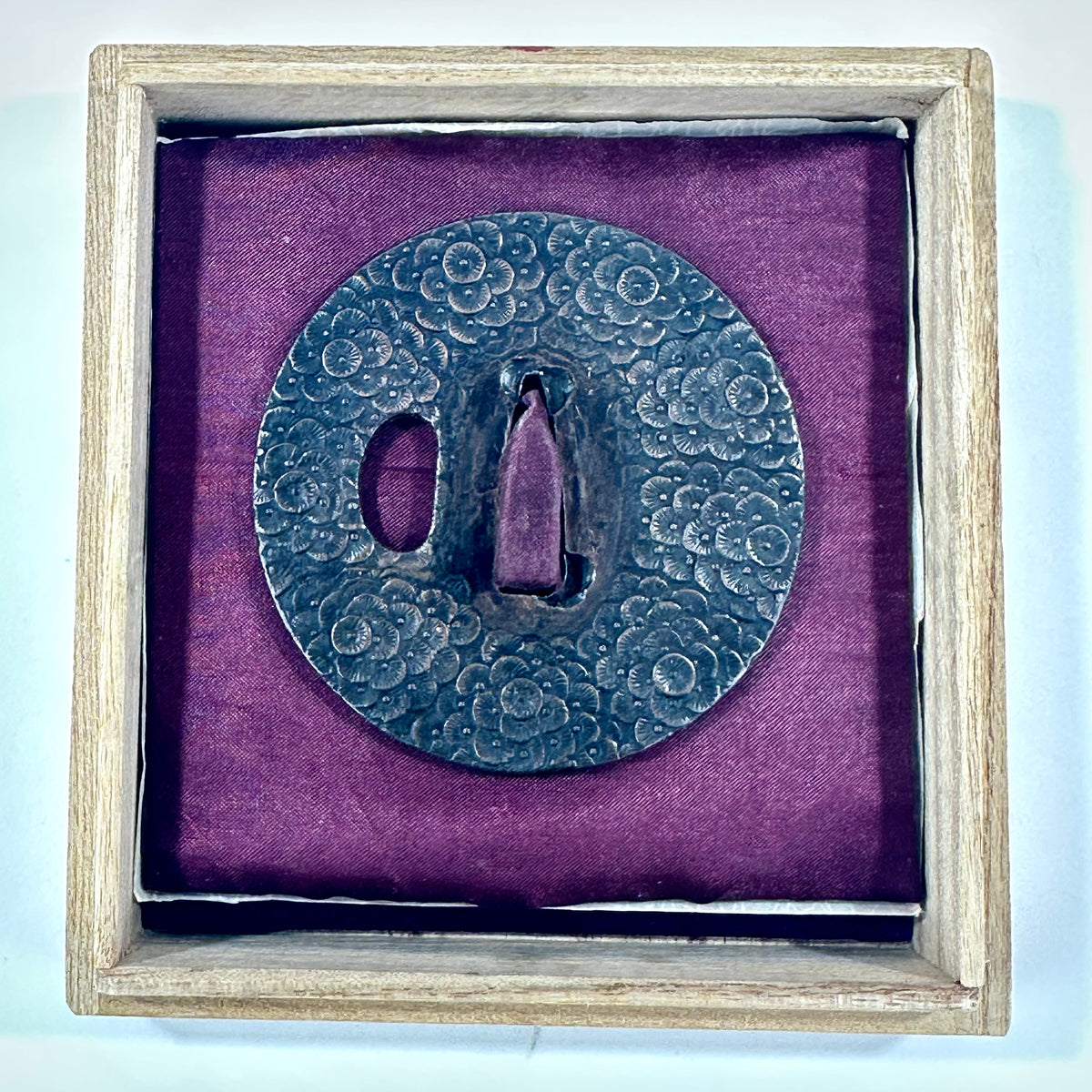 Antique Japanese Copper Tsuba Kiku Hanazume Chrysanthemum Edo Kiri Box 3"dia