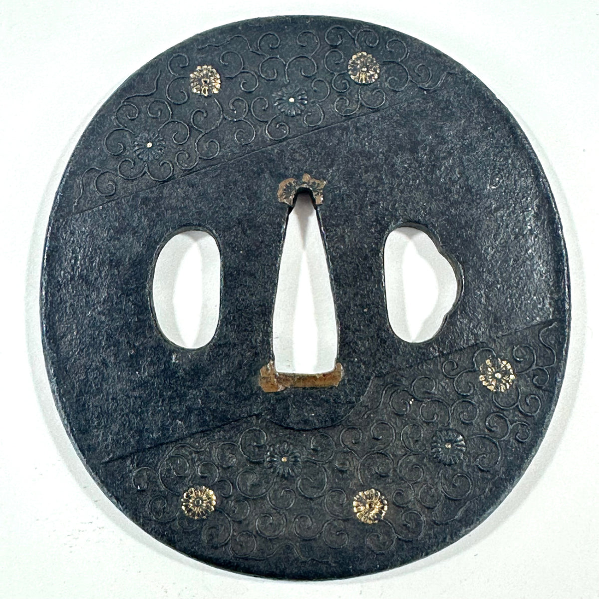 Antique Japanese Iron Tsuba Karakusa Gold Zogan Kiku Diagonal Edo Kiri Box 3"dia
