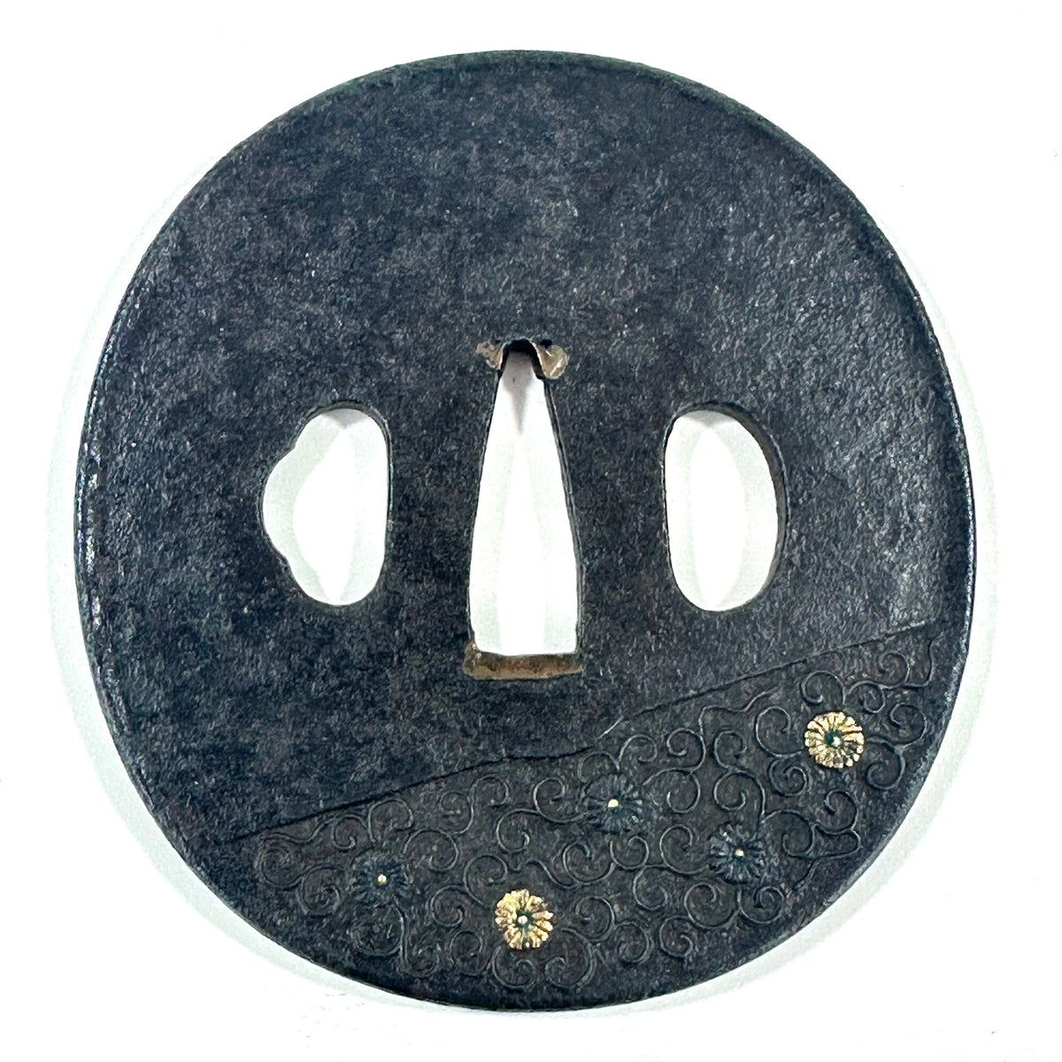 Antique Japanese Iron Tsuba Karakusa Gold Zogan Kiku Diagonal Edo Kiri Box 3"dia