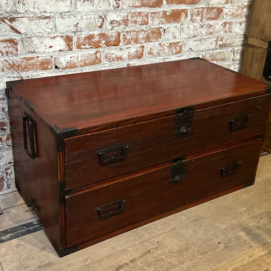 Antique Japanese Meiji Era (1868-1912) 2 Drawer Red Lacquer Clothing Tansu 36"W