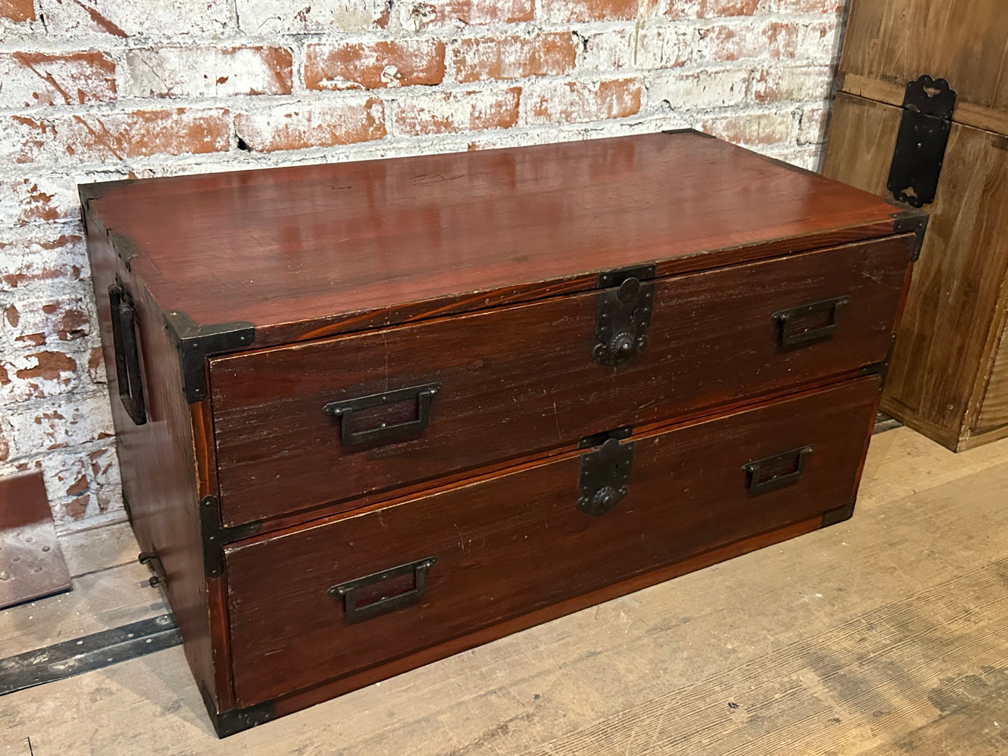 Antique Japanese Meiji Era (1868-1912) 2 Drawer Red Lacquer Clothing Tansu 36"W