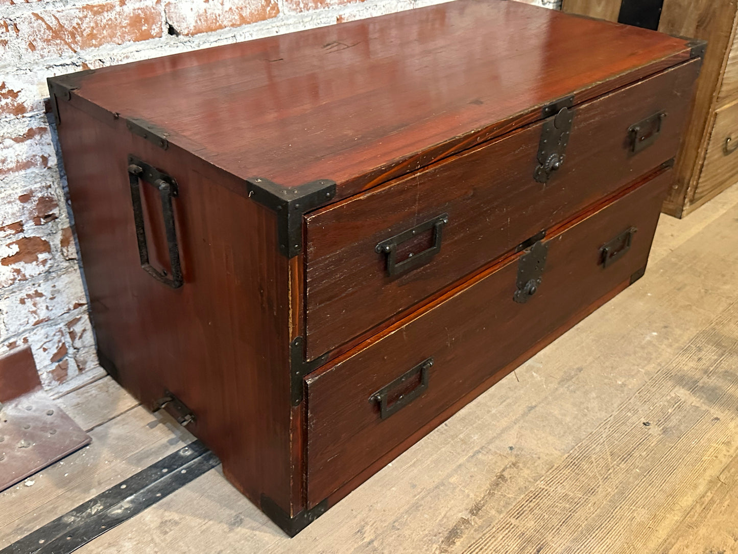 Antique Japanese Meiji Era (1868-1912) 2 Drawer Red Lacquer Clothing Tansu 36"W