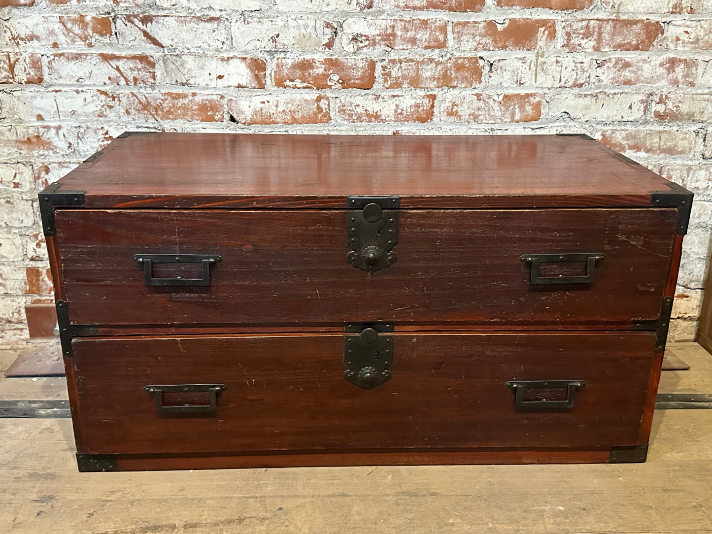Antique Japanese Meiji Era (1868-1912) 2 Drawer Red Lacquer Clothing Tansu 36"W
