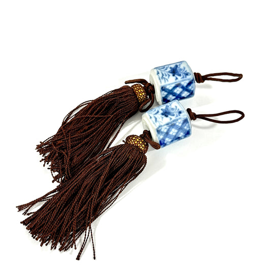 Vintage Japanese Fuchin Scroll Weights Blue White Porcelain Cube Bead Brown Tassel
