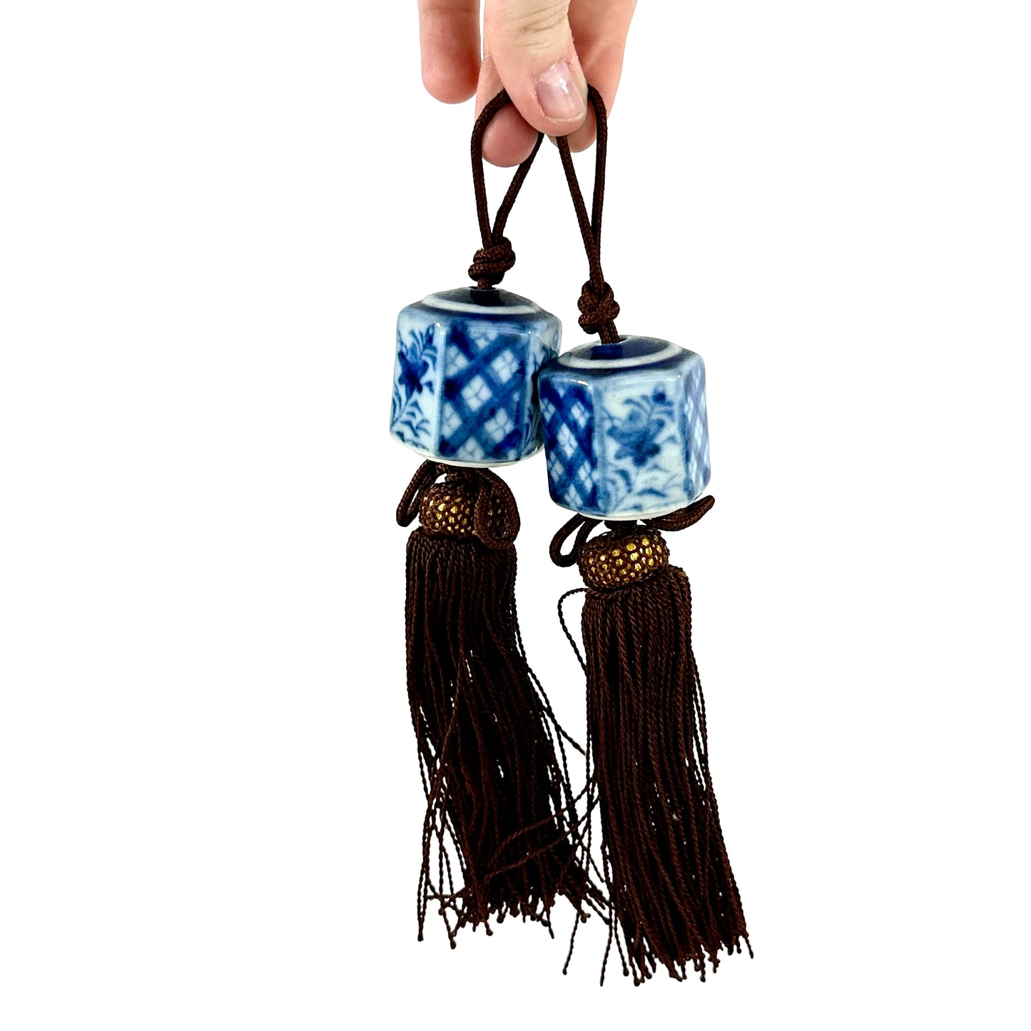 Vintage Japanese Fuchin Scroll Weights Blue White Porcelain Cube Bead Brown Tassel