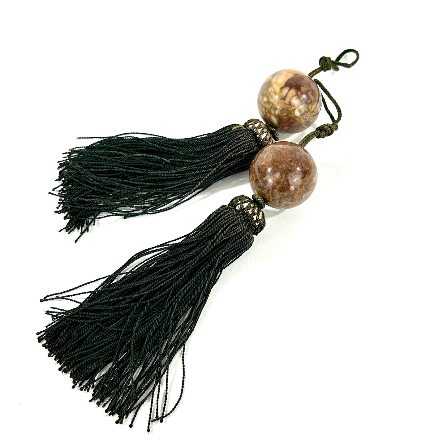 Vintage Japanese Fuchin Scroll Weights Mottled Amber Ceramic Sphere Black Tassel