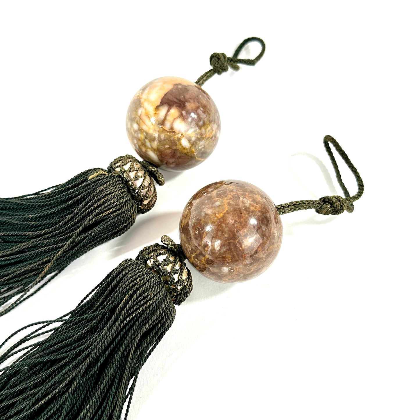 Vintage Japanese Fuchin Scroll Weights Mottled Amber Ceramic Sphere Black Tassel
