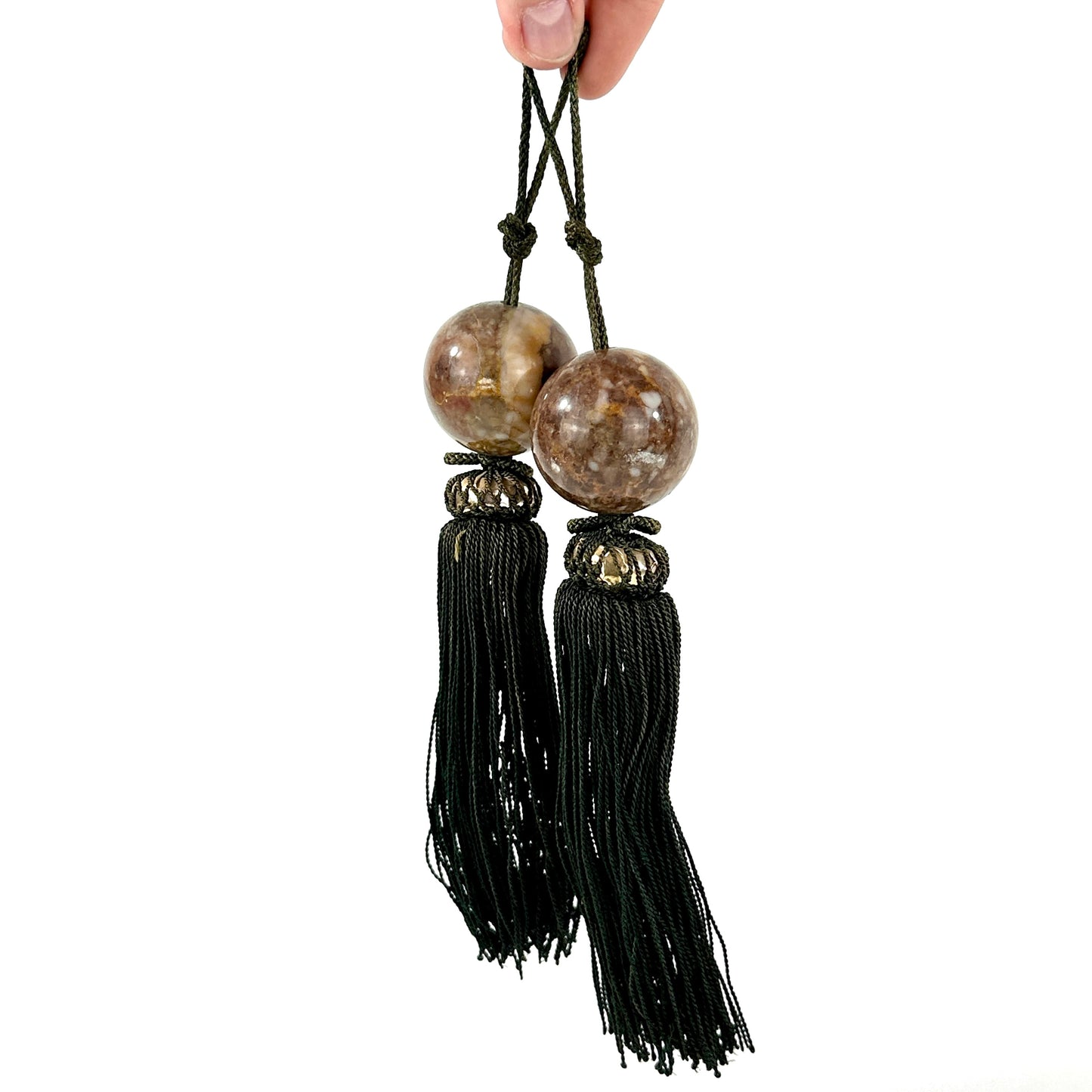 Vintage Japanese Fuchin Scroll Weights Mottled Amber Ceramic Sphere Black Tassel
