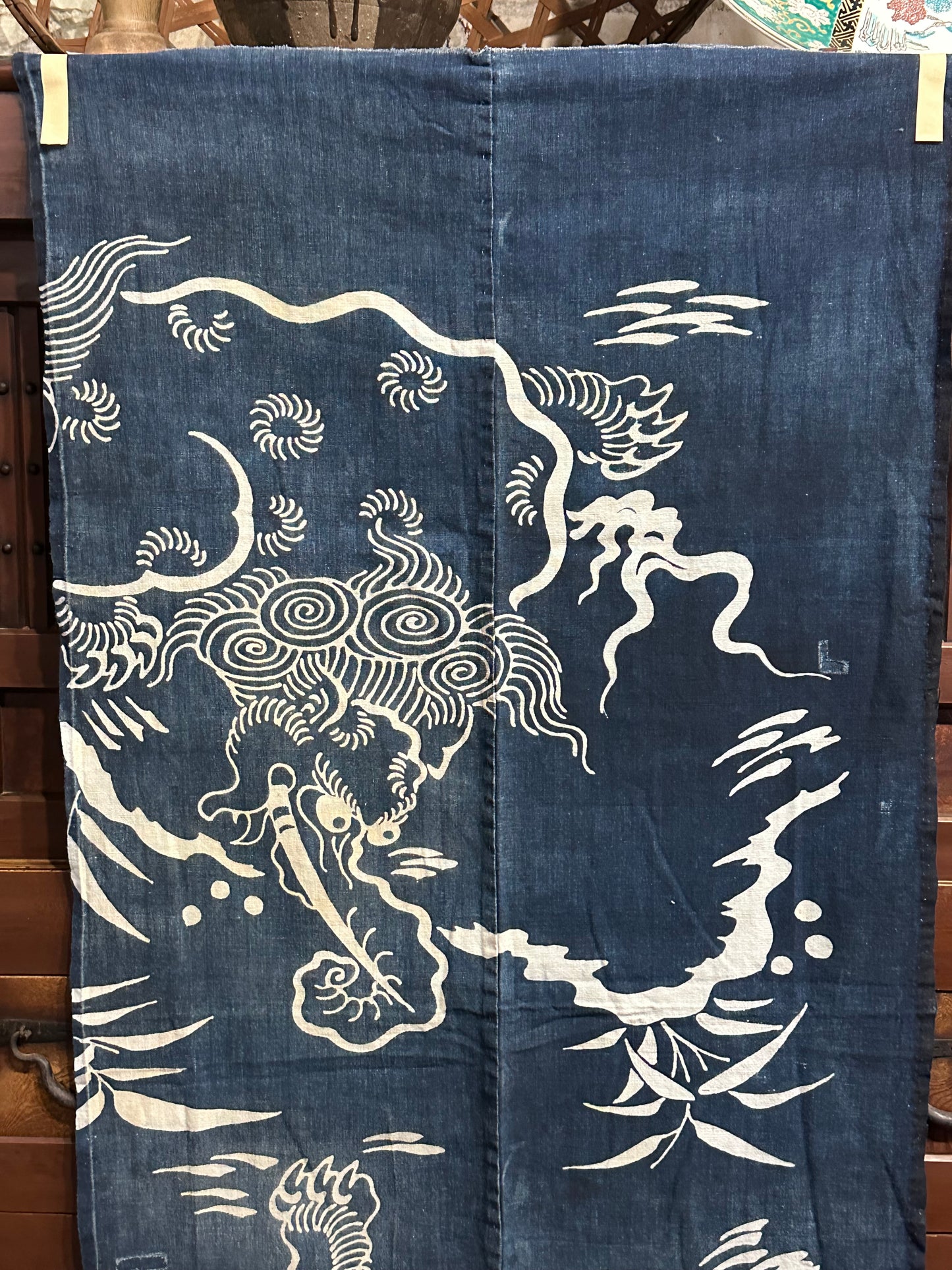 Antique Japanese 19th Century Textile Indigo Baku Motif - Tsutsugaki 25"x57" #94