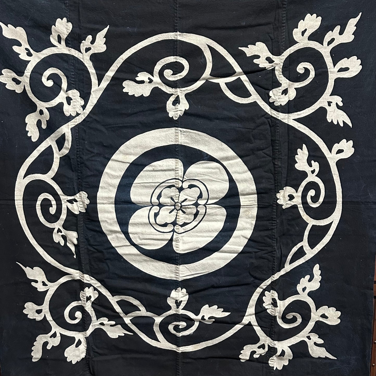 Antique Japanese 19th Century Textile Kamon Crest - Tsutsugaki 51"x53.5"