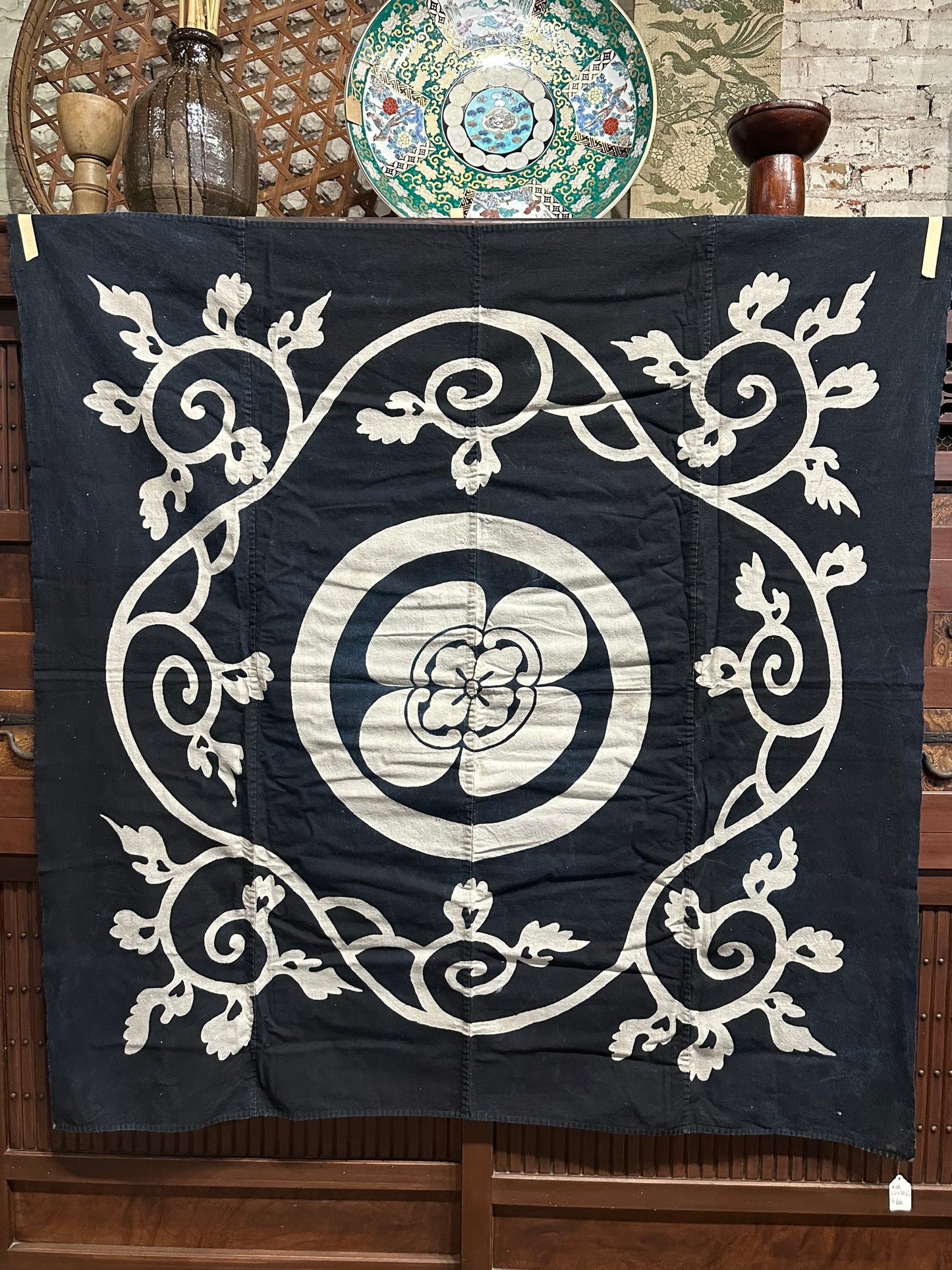 Antique Japanese 19th Century Textile Kamon Crest - Tsutsugaki 51"x53.5"