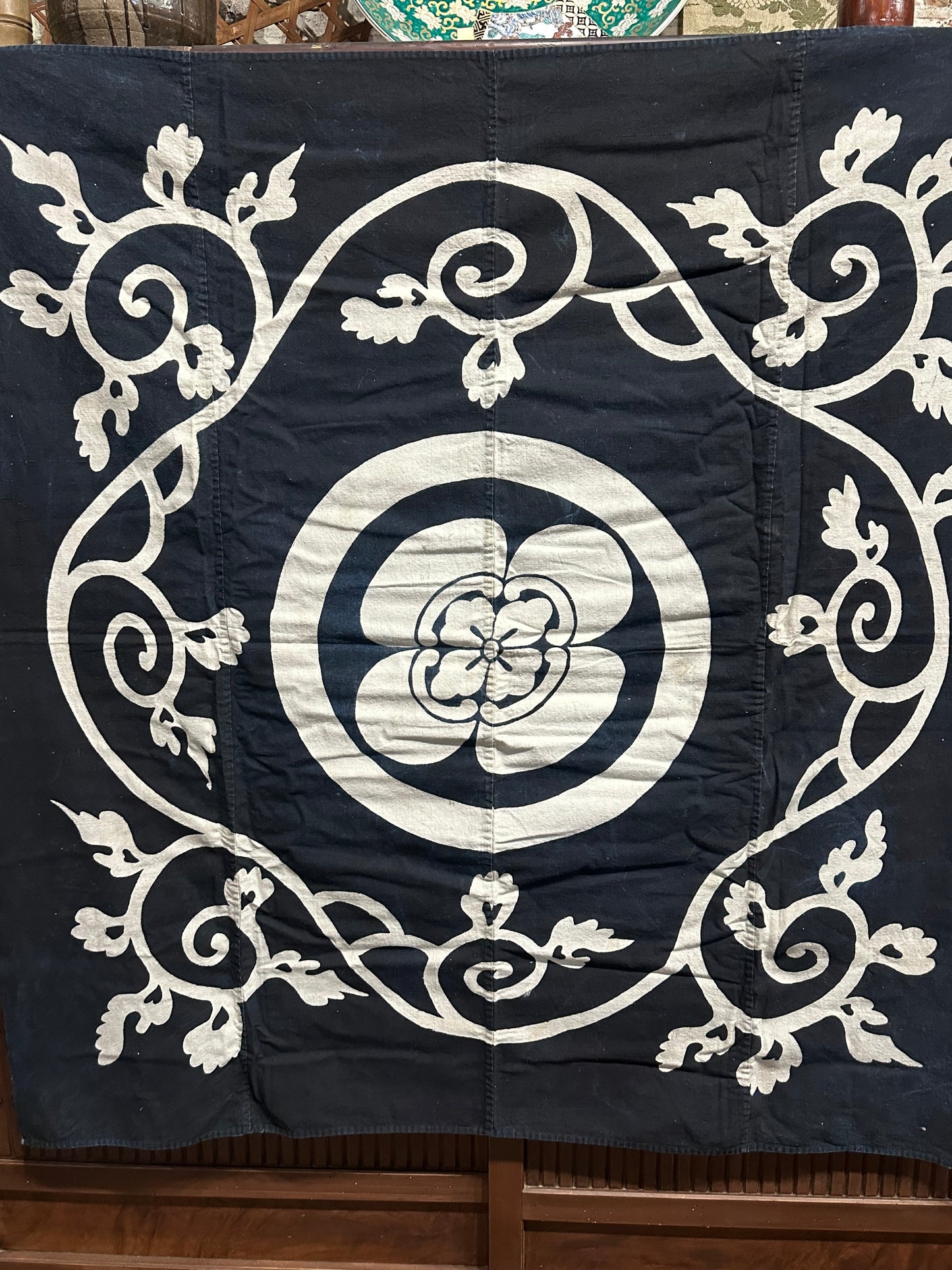 Antique Japanese 19th Century Textile Kamon Crest - Tsutsugaki 51"x53.5"