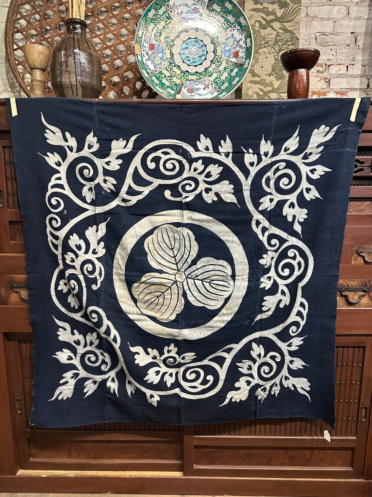 Antique Japanese 19th Century Textile Kamon & Arabesque - Tsutsugaki 53"x52"