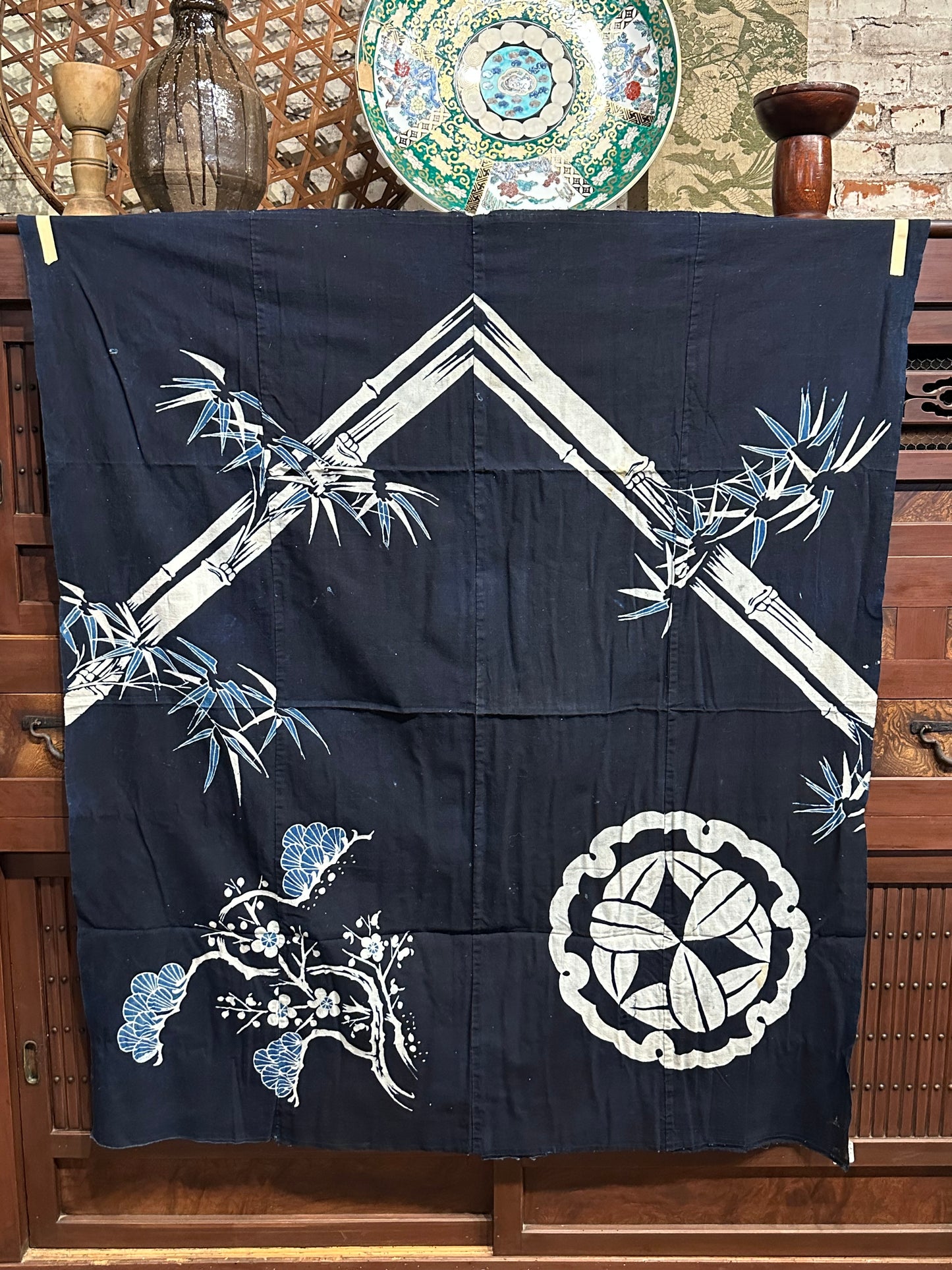 Antique Japanese 19th Century Textile Bamboo & Plum Tsutsugaki 50"x57" #28