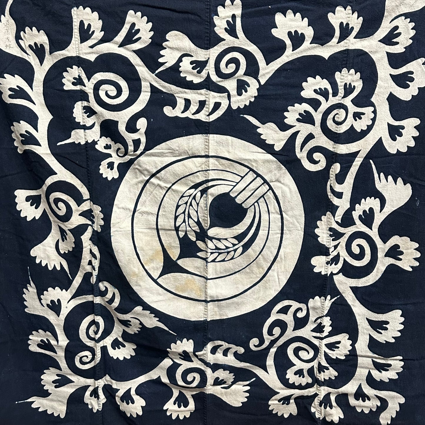 Antique Japanese 19th Century Textile Rice Kamon & Arabesque - Tsutsugaki 52"x58" #109