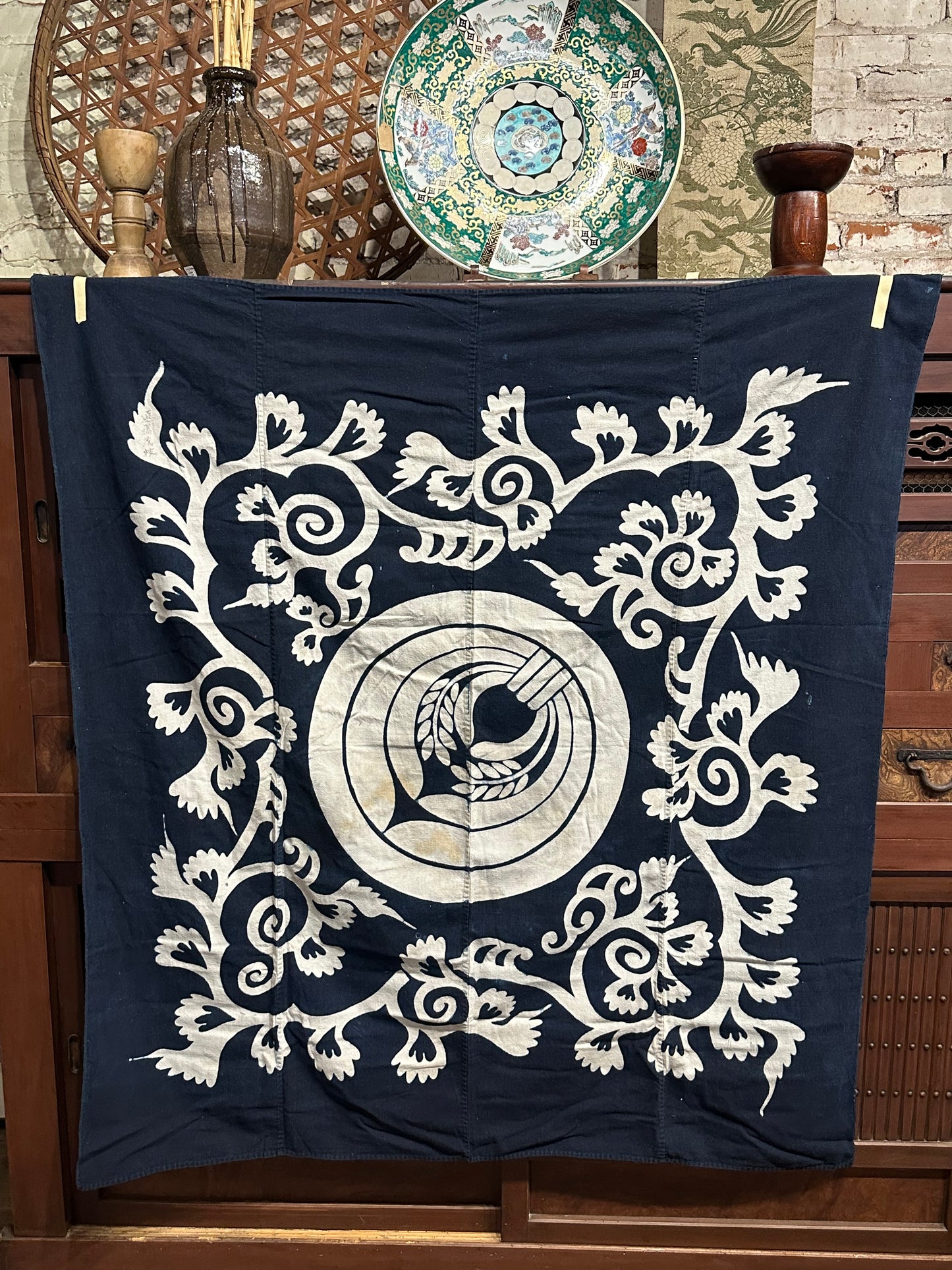 Antique Japanese 19th Century Textile Rice Kamon & Arabesque - Tsutsugaki 52"x58" #109
