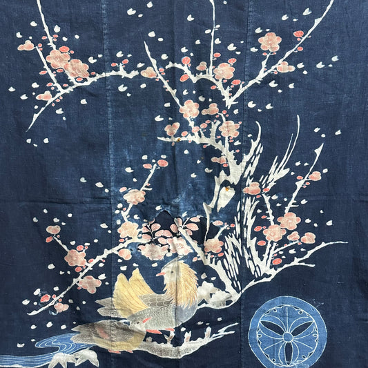 Antique Japanese 19th Century Textile Plum Blossoms - Tsutsugaki ~48"x48"
