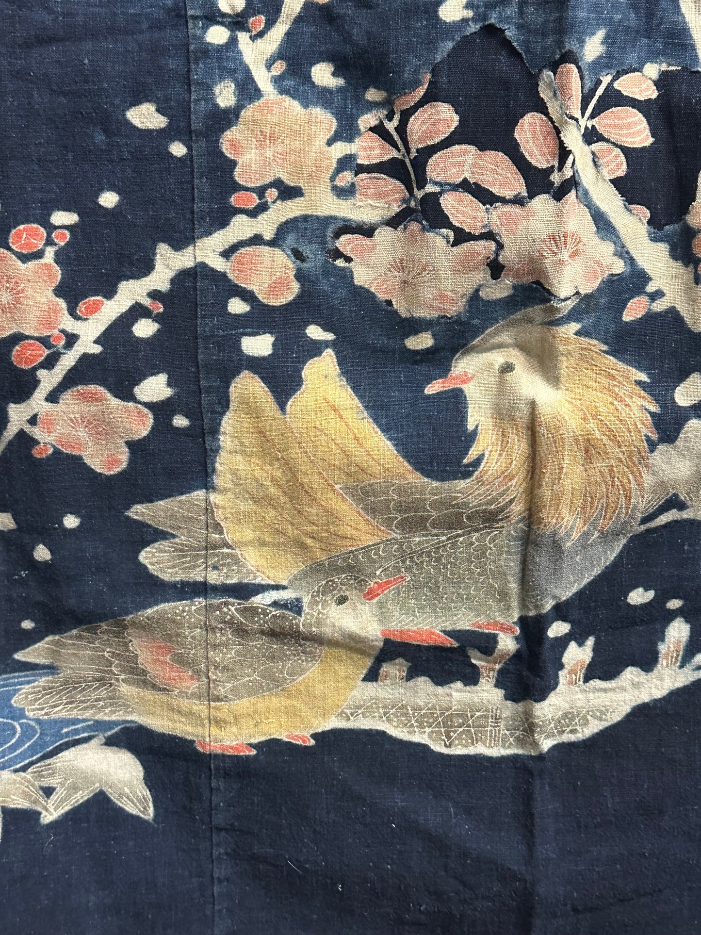 Antique Japanese 19th Century Textile Plum Blossoms - Tsutsugaki ~48"x48"