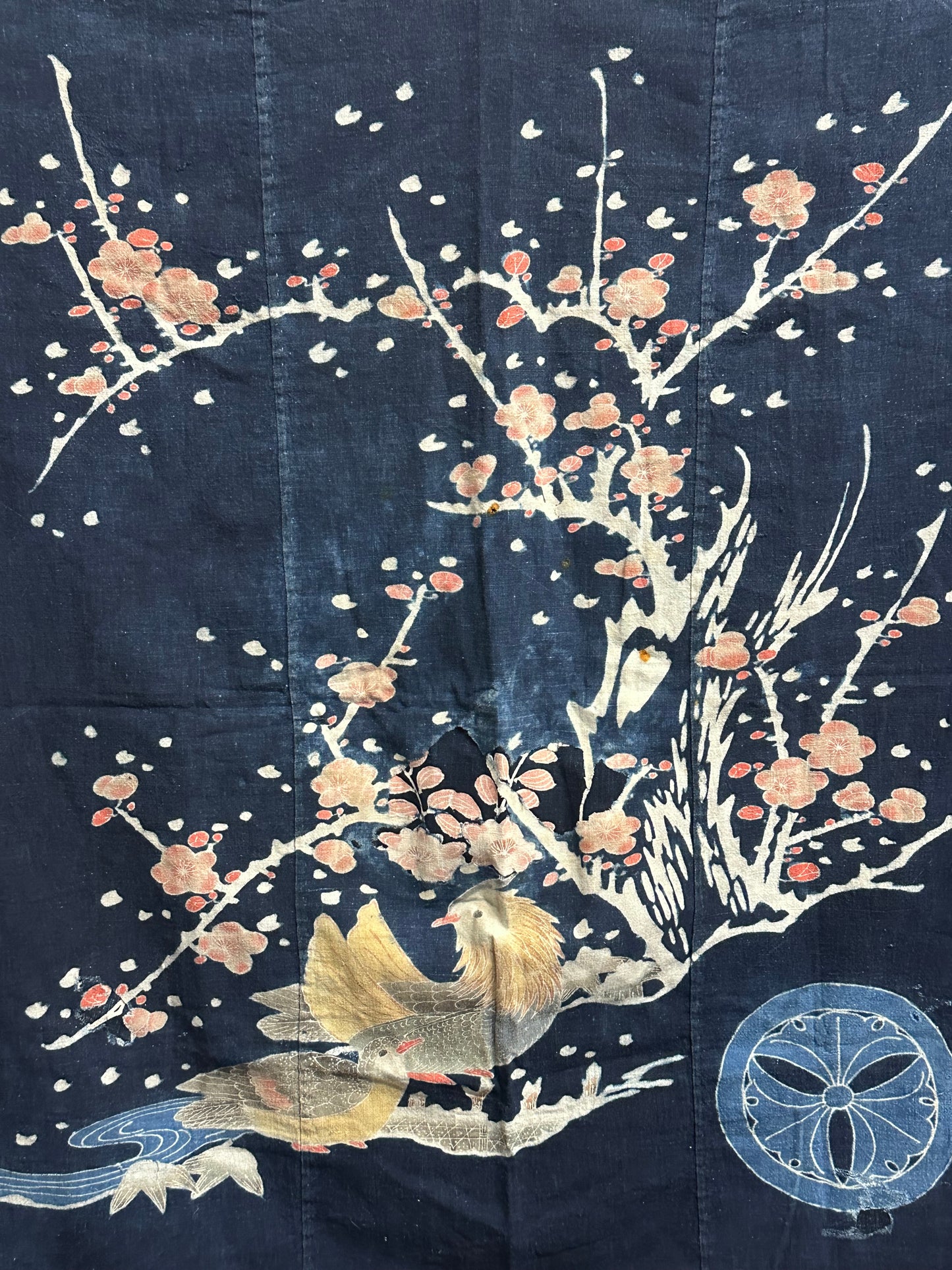 Antique Japanese 19th Century Textile Plum Blossoms - Tsutsugaki ~48"x48"