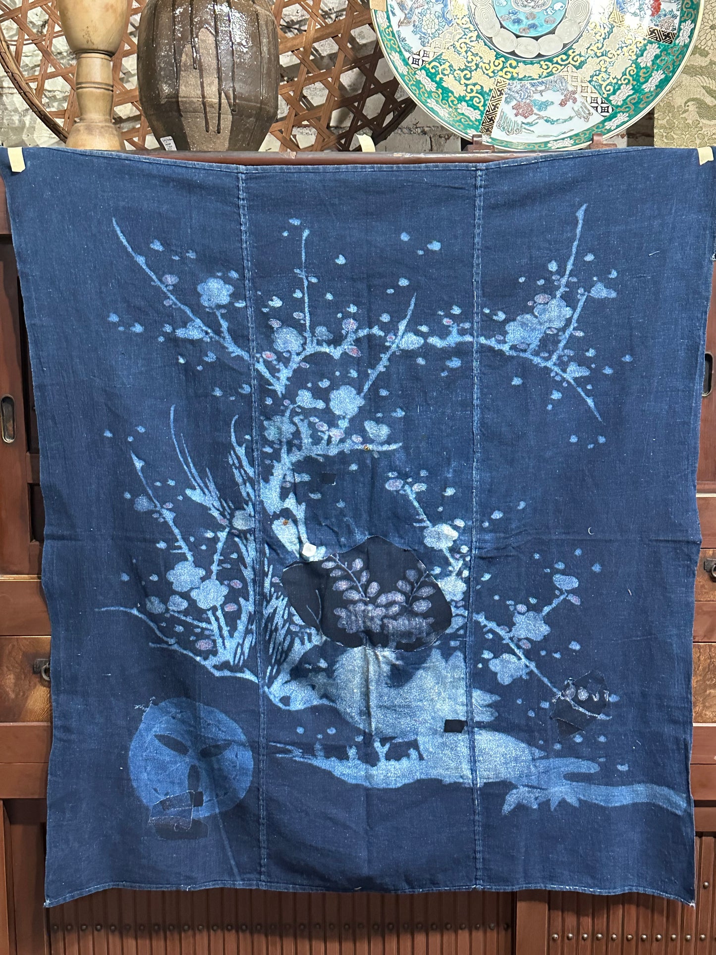 Antique Japanese 19th Century Textile Plum Blossoms - Tsutsugaki ~48"x48"
