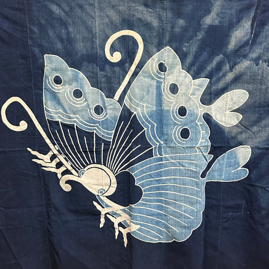 Antique Japanese 19th Century Textile Large Butterfly Motif Tsutsugaki