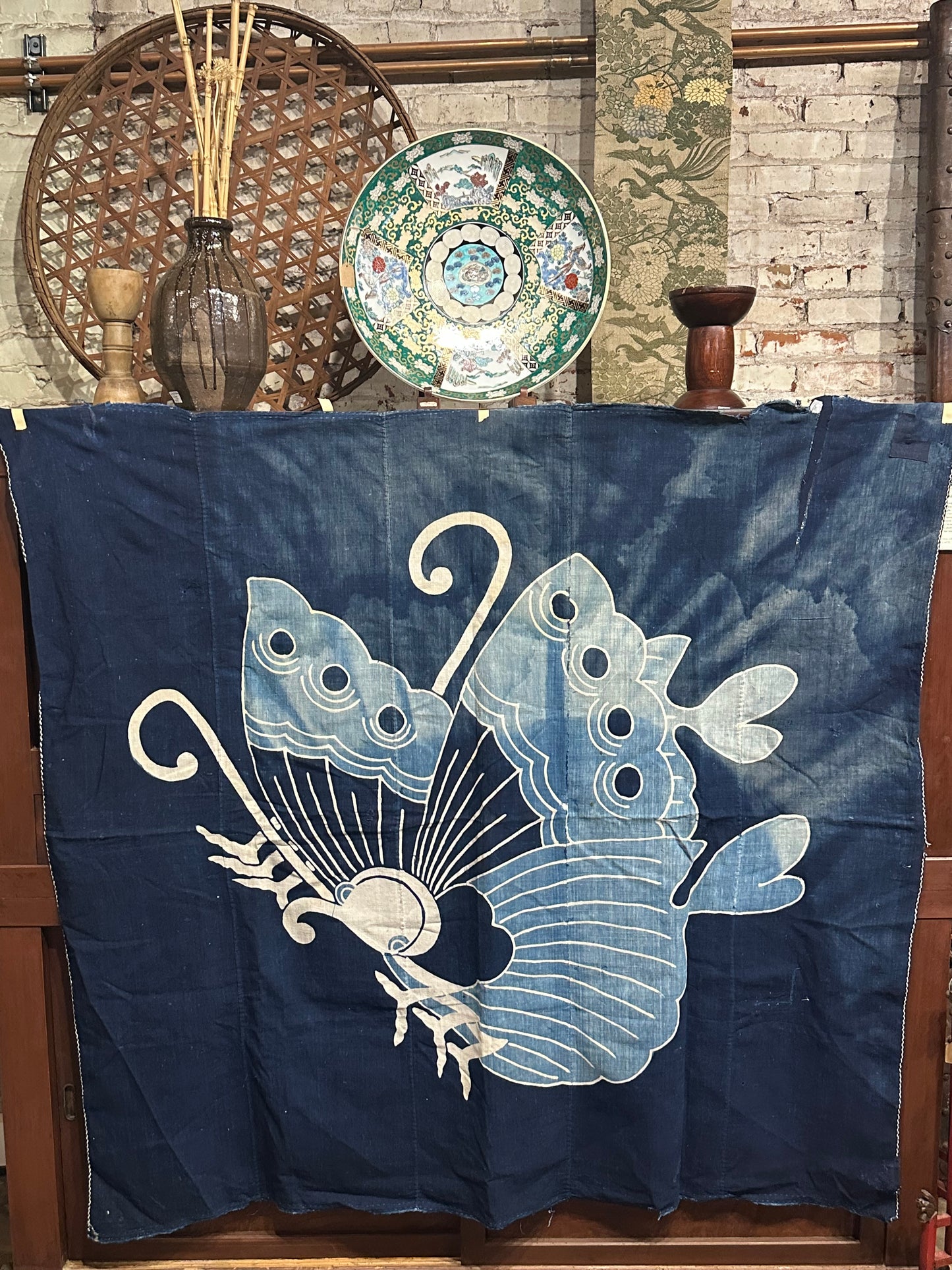 Antique Japanese 19th Century Textile Large Butterfly Motif Tsutsugaki