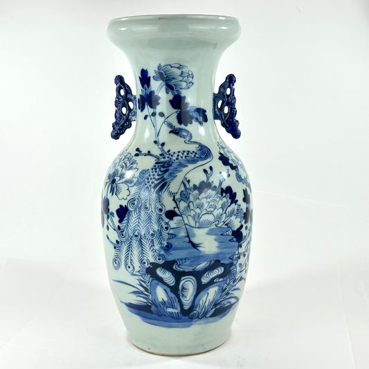 Antique Chinese Qing Dynasty Blue & White Porcelain Baluster Vase Peacock & Peony 17"H
