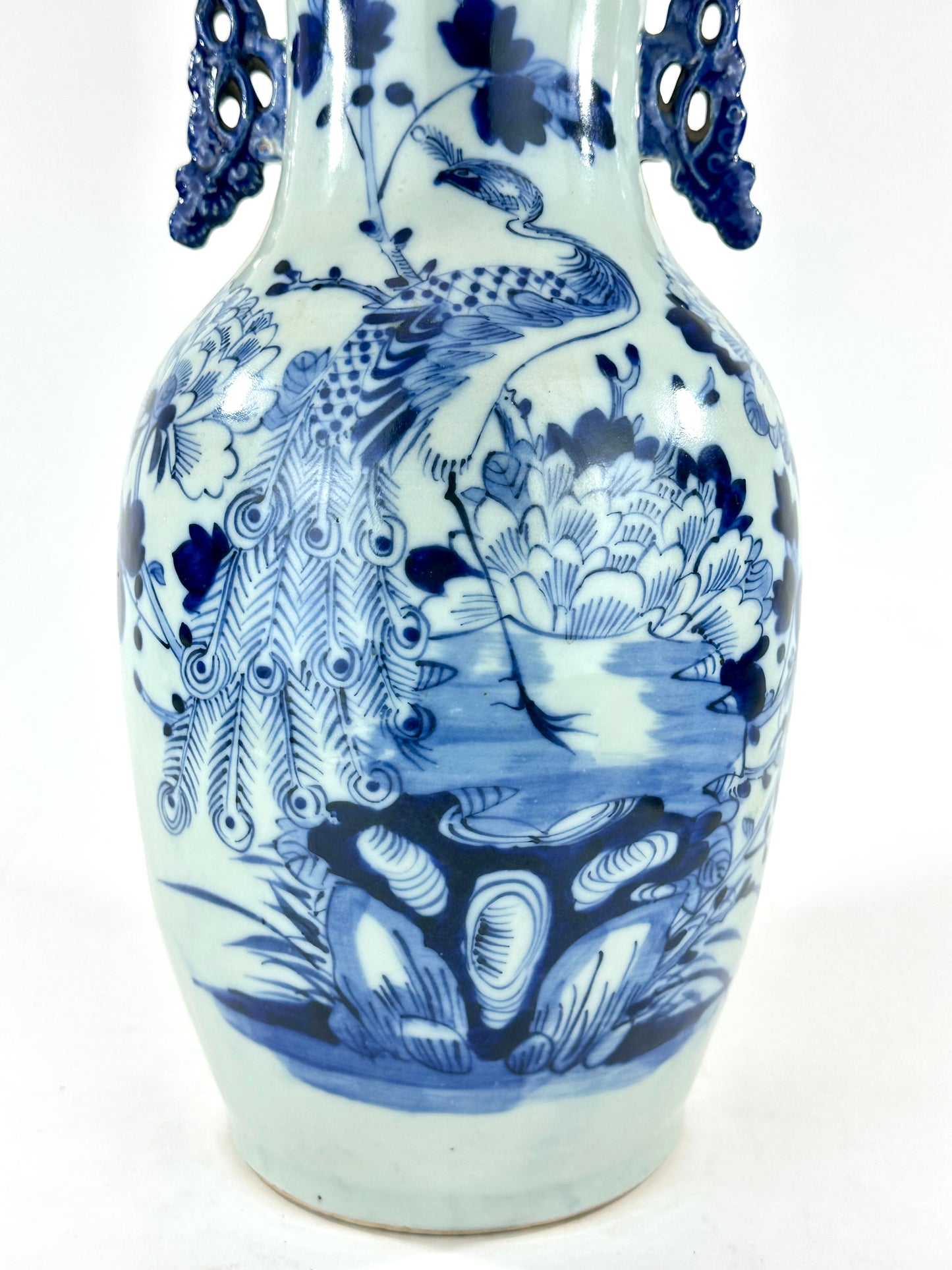 Antique Chinese Qing Dynasty Blue & White Porcelain Baluster Vase Peacock & Peony 17"H