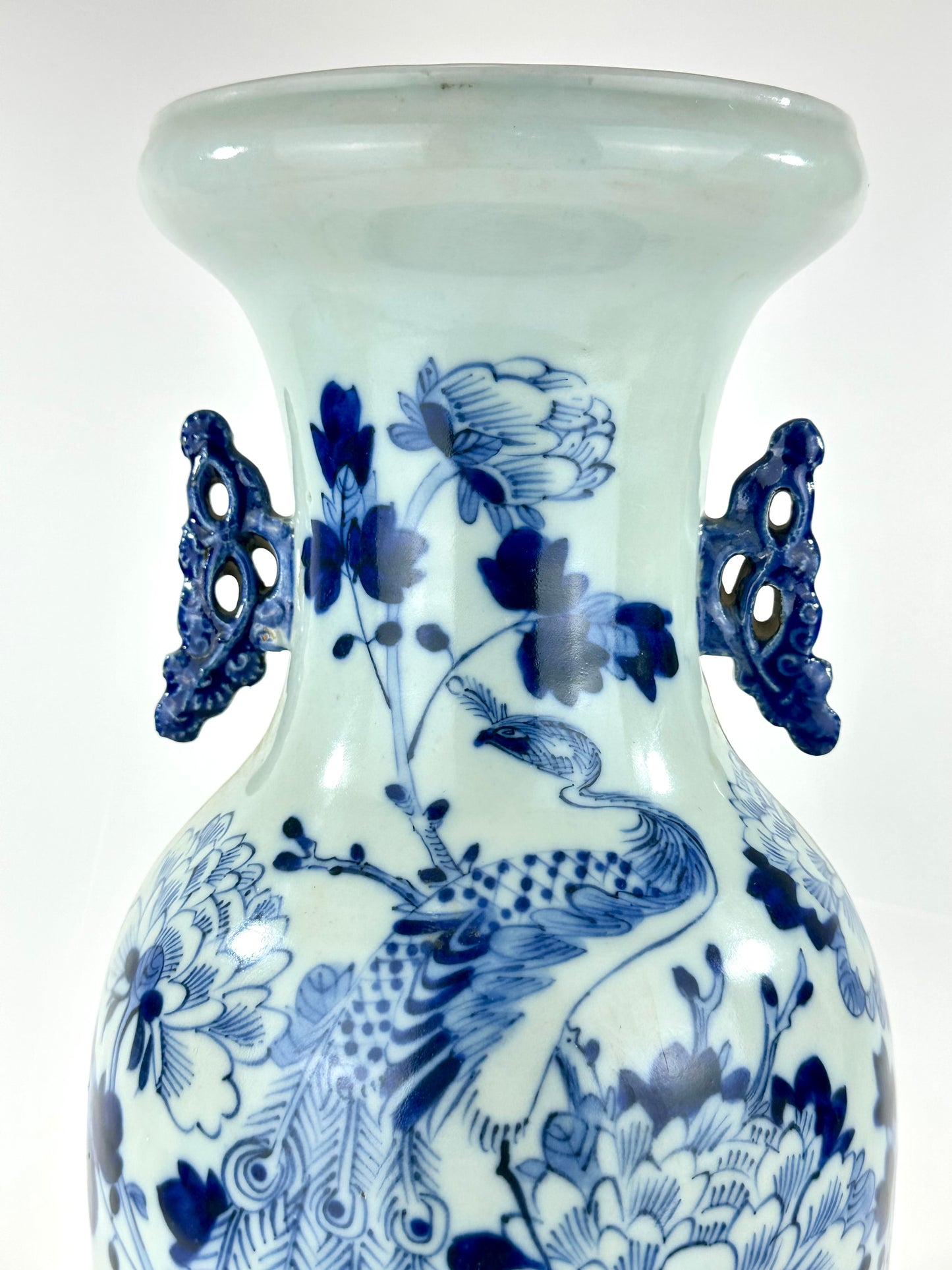 Antique Chinese Qing Dynasty Blue & White Porcelain Baluster Vase Peacock & Peony 17"H
