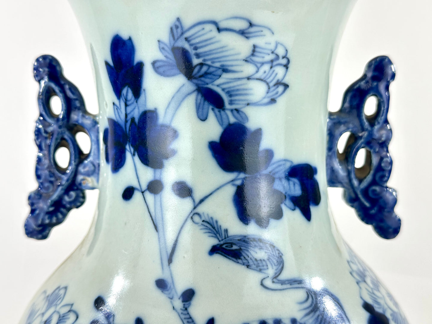Antique Chinese Qing Dynasty Blue & White Porcelain Baluster Vase Peacock & Peony 17"H