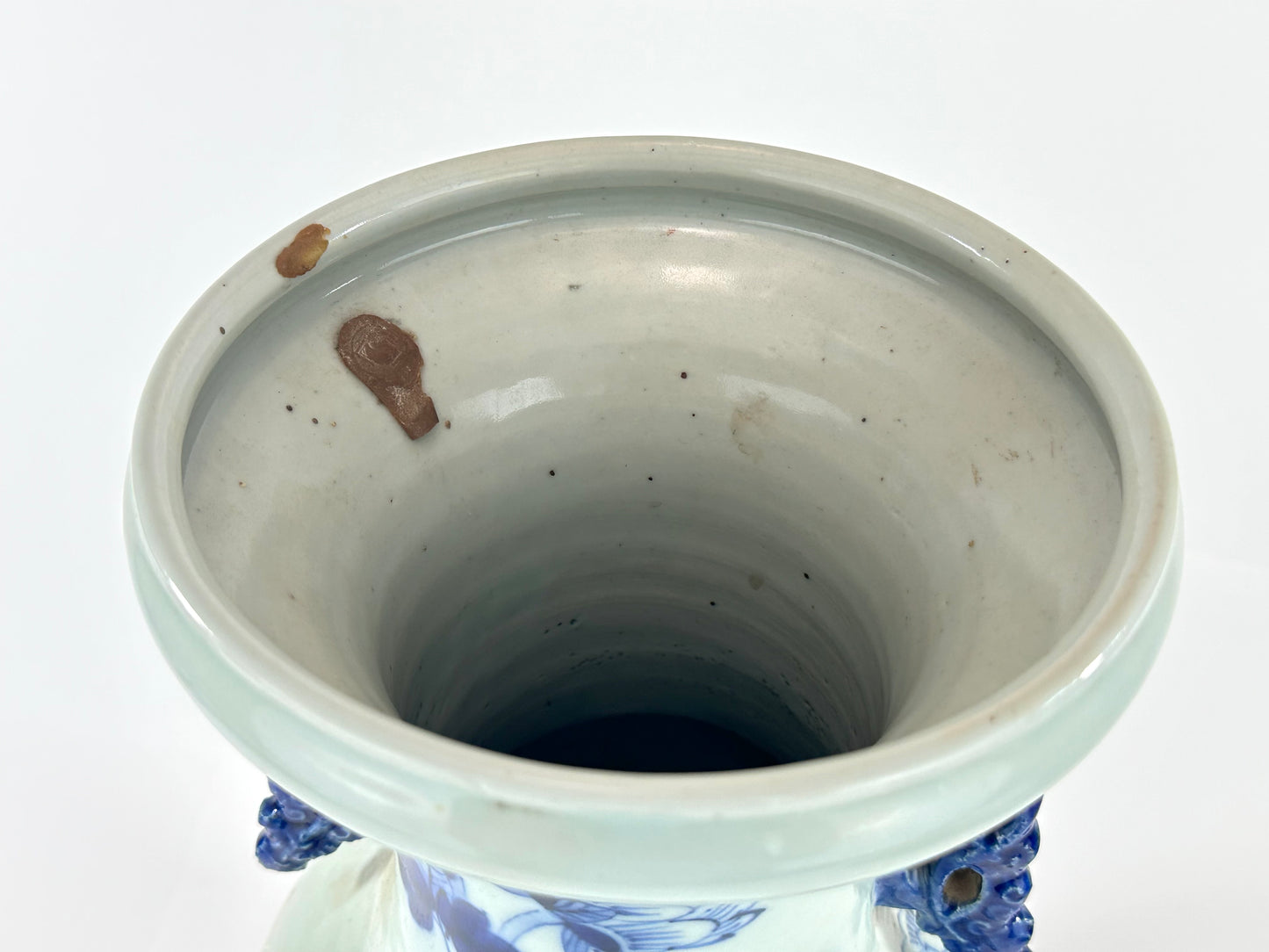 Antique Chinese Qing Dynasty Blue & White Porcelain Baluster Vase Peacock & Peony 17"H