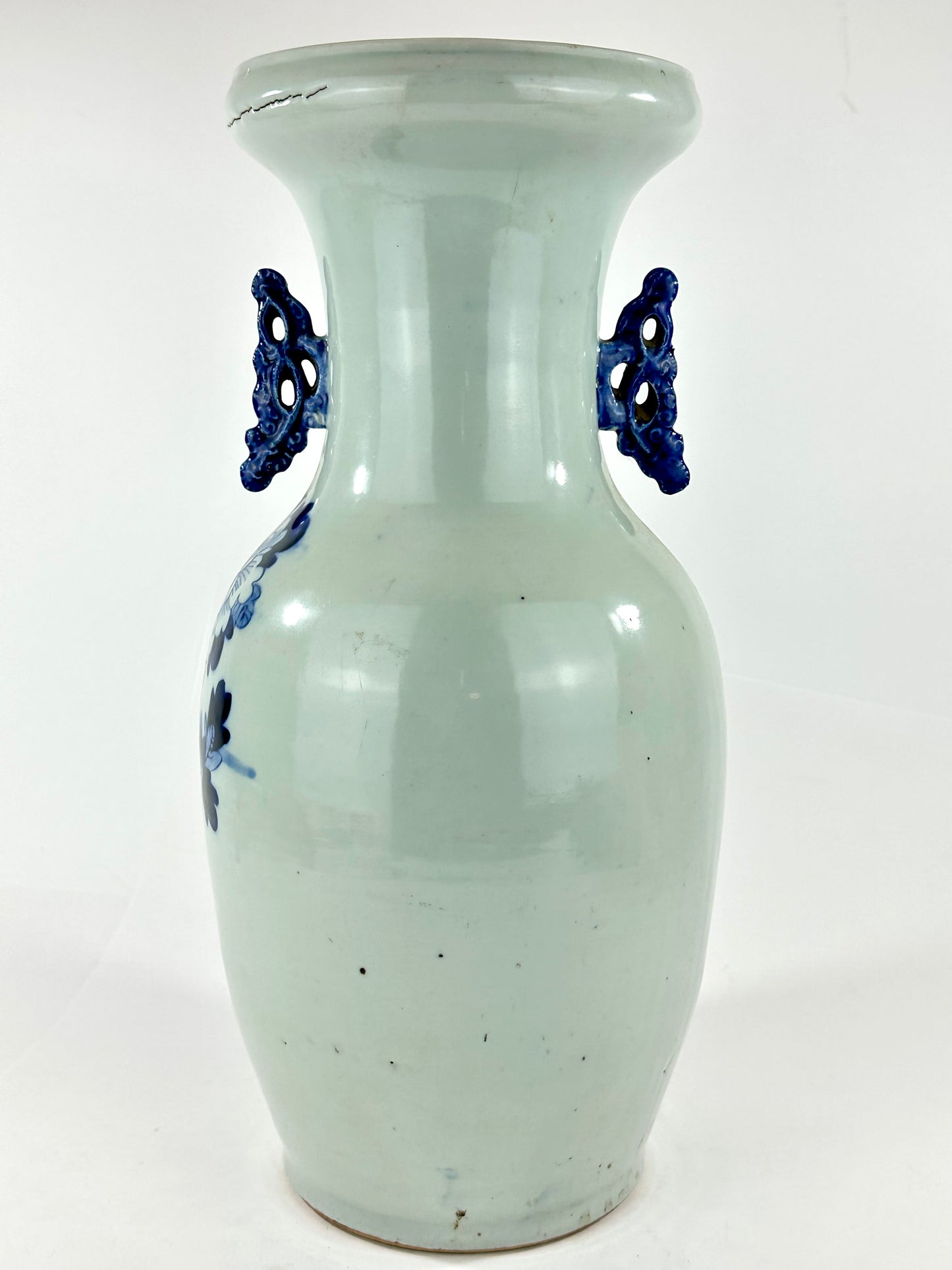 Antique Chinese Qing Dynasty Blue & White Porcelain Baluster Vase Peacock & Peony 17"H
