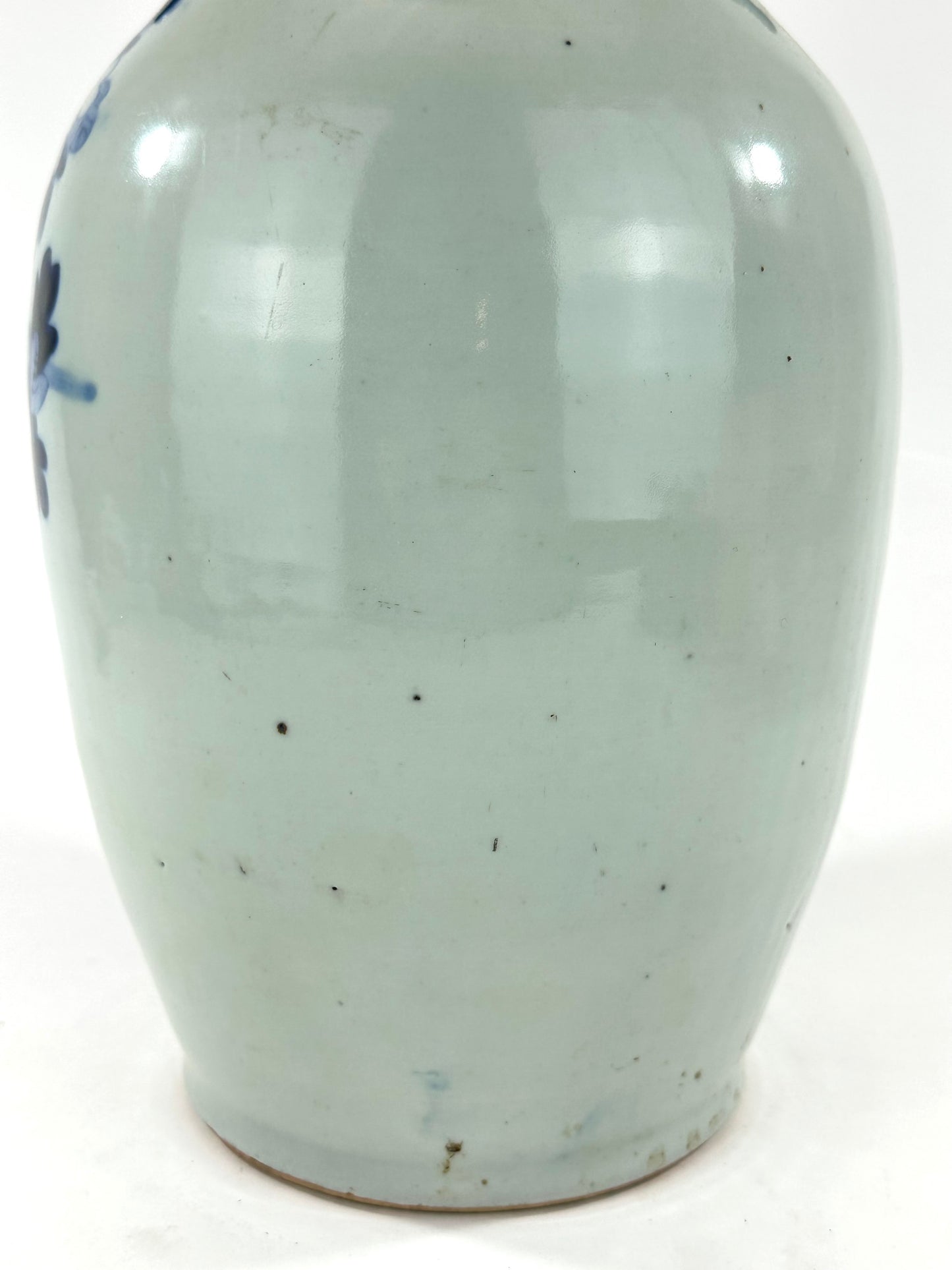 Antique Chinese Qing Dynasty Blue & White Porcelain Baluster Vase Peacock & Peony 17"H