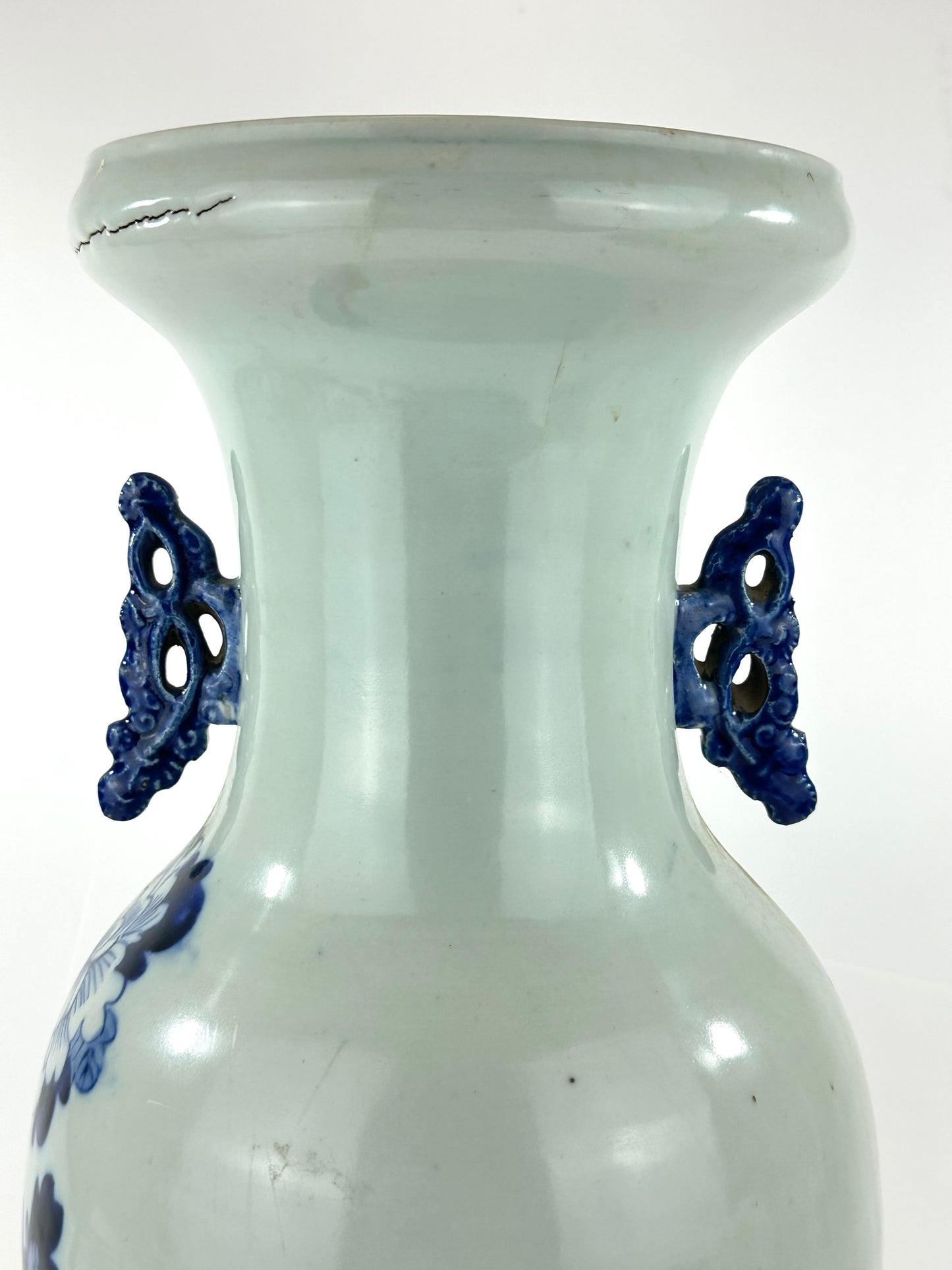 Antique Chinese Qing Dynasty Blue & White Porcelain Baluster Vase Peacock & Peony 17"H