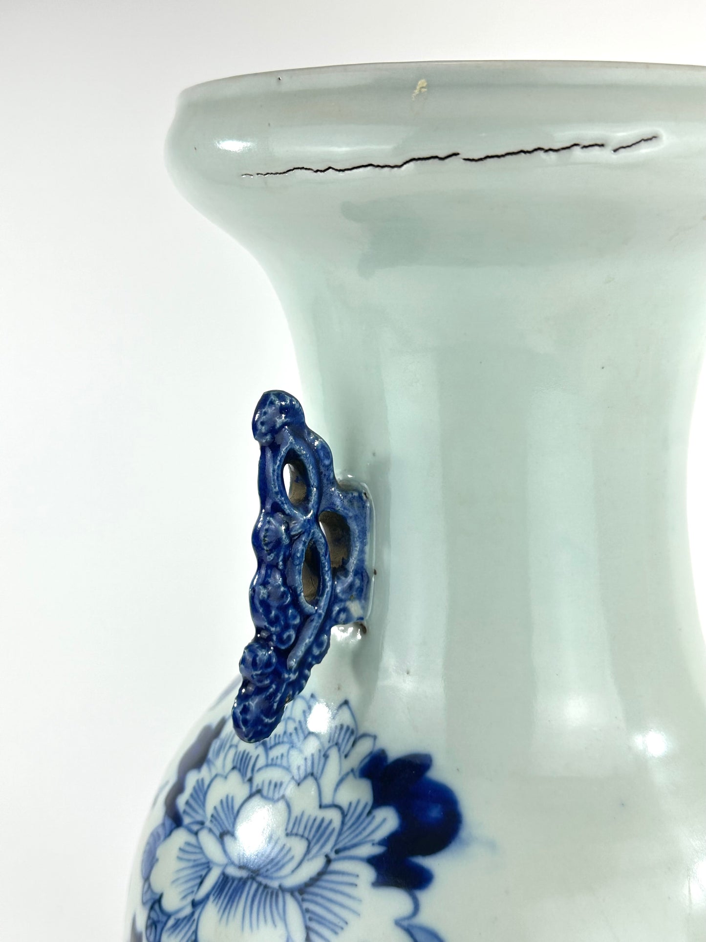 Antique Chinese Qing Dynasty Blue & White Porcelain Baluster Vase Peacock & Peony 17"H