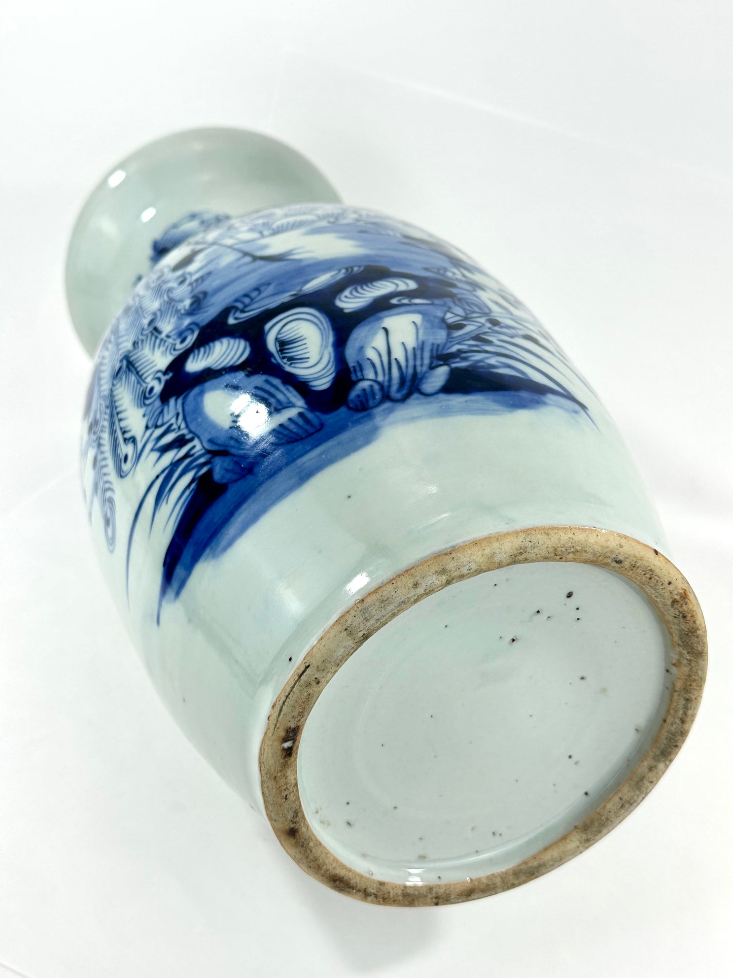 Antique Chinese Qing Dynasty Blue & White Porcelain Baluster Vase Peacock & Peony 17"H