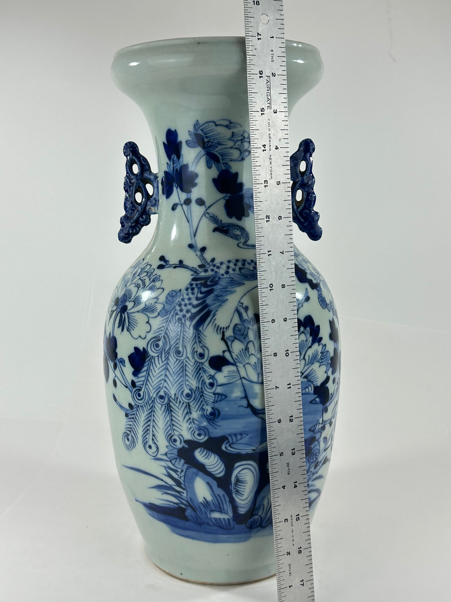Antique Chinese Qing Dynasty Blue & White Porcelain Baluster Vase Peacock & Peony 17"H