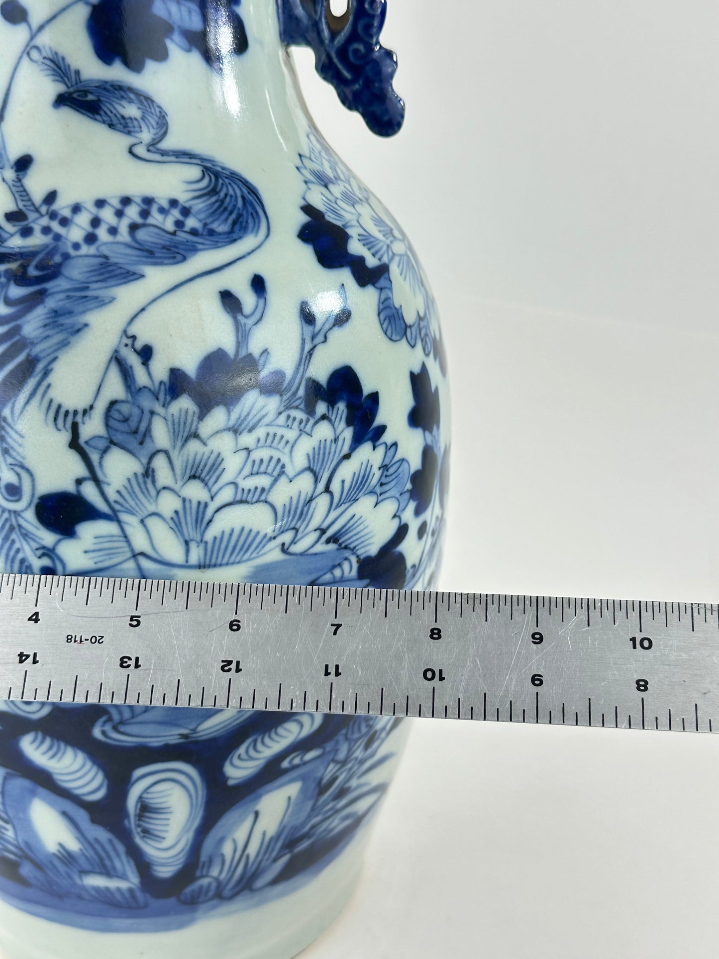 Antique Chinese Qing Dynasty Blue & White Porcelain Baluster Vase Peacock & Peony 17"H
