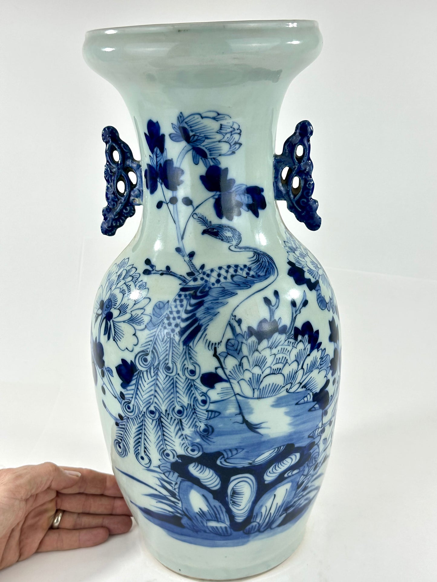 Antique Chinese Qing Dynasty Blue & White Porcelain Baluster Vase Peacock & Peony 17"H