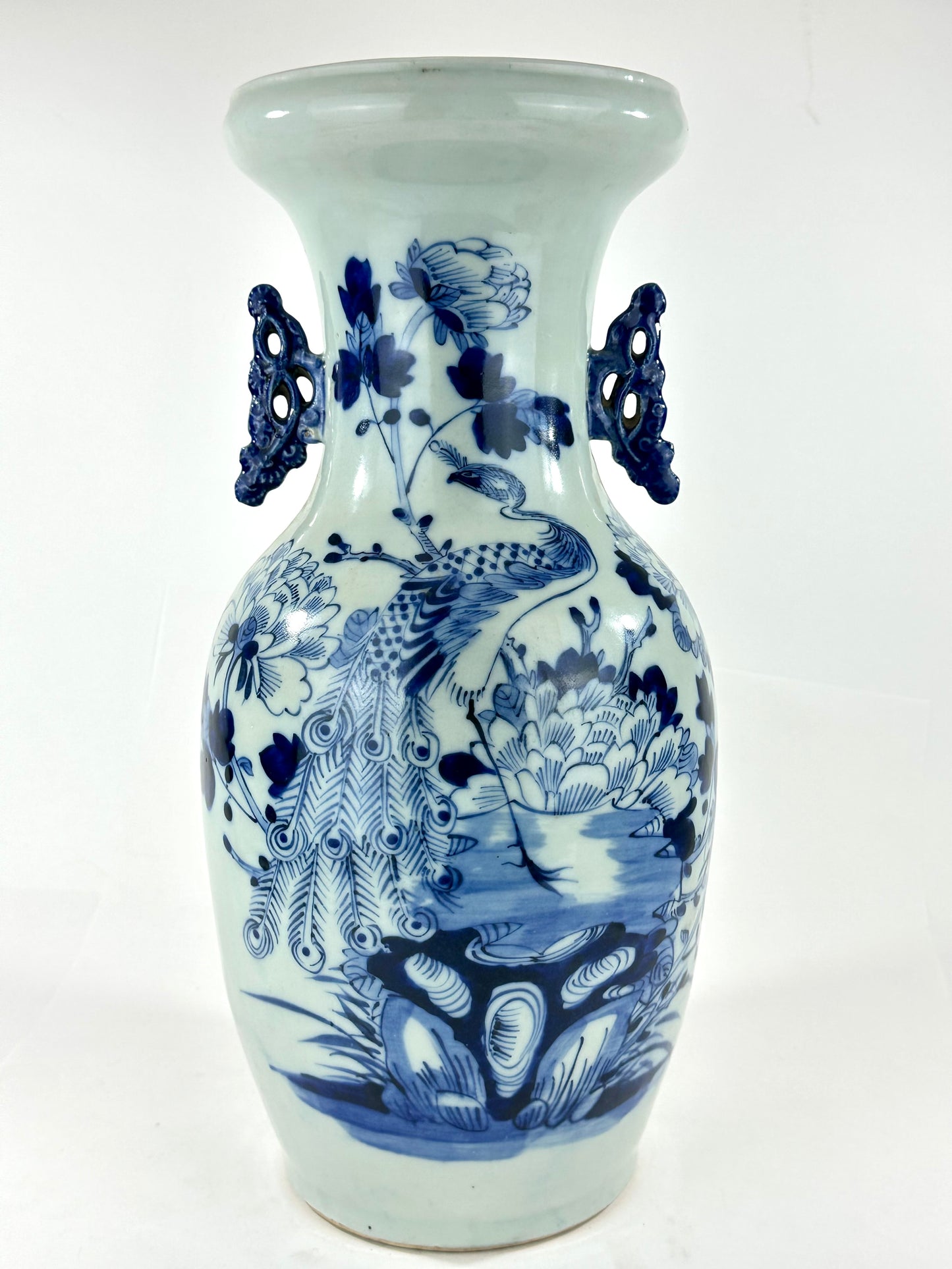 Antique Chinese Qing Dynasty Blue & White Porcelain Baluster Vase Peacock & Peony 17"H