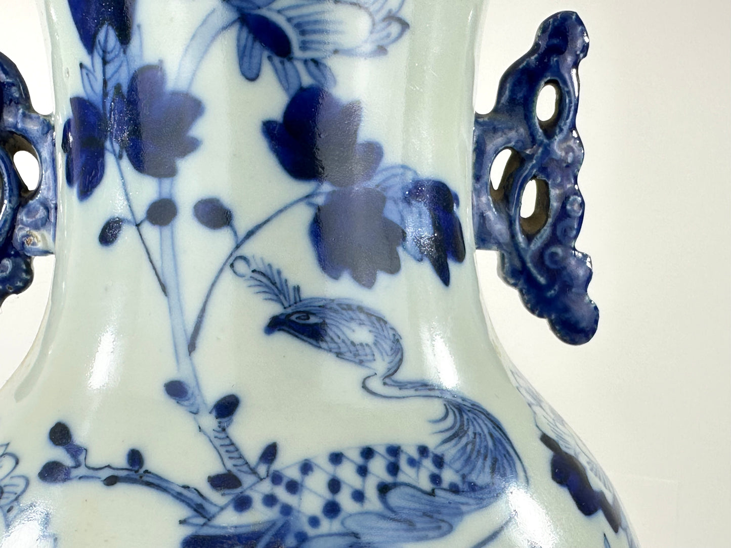 Antique Chinese Qing Dynasty Blue & White Porcelain Baluster Vase Peacock & Peony 17"H